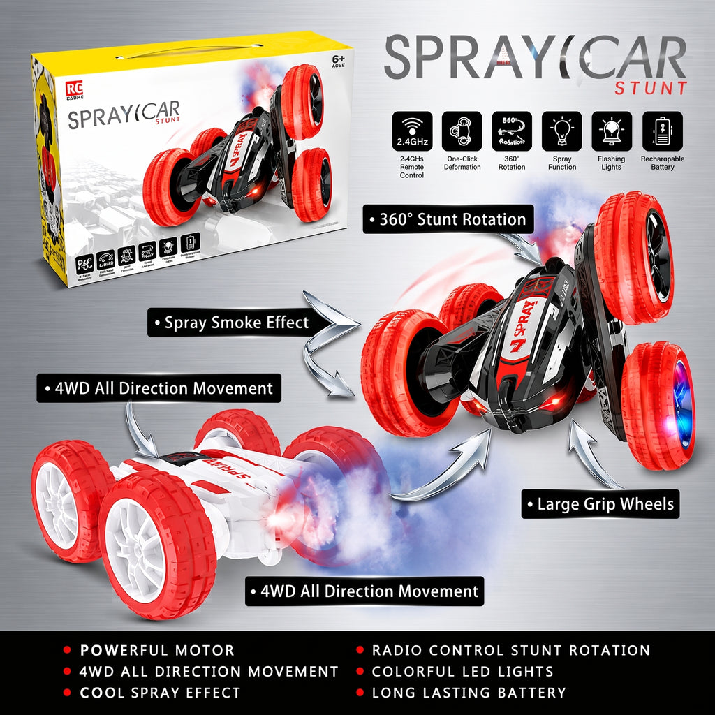 RC Spray Stunt Car – 2.4GHz 4WD Double-Sided Tumbling Remote Control Car with Mist Smoke Effect, 360° Rotating Flashing LED Lights, and Rechargeable Battery for Kids Age 6+