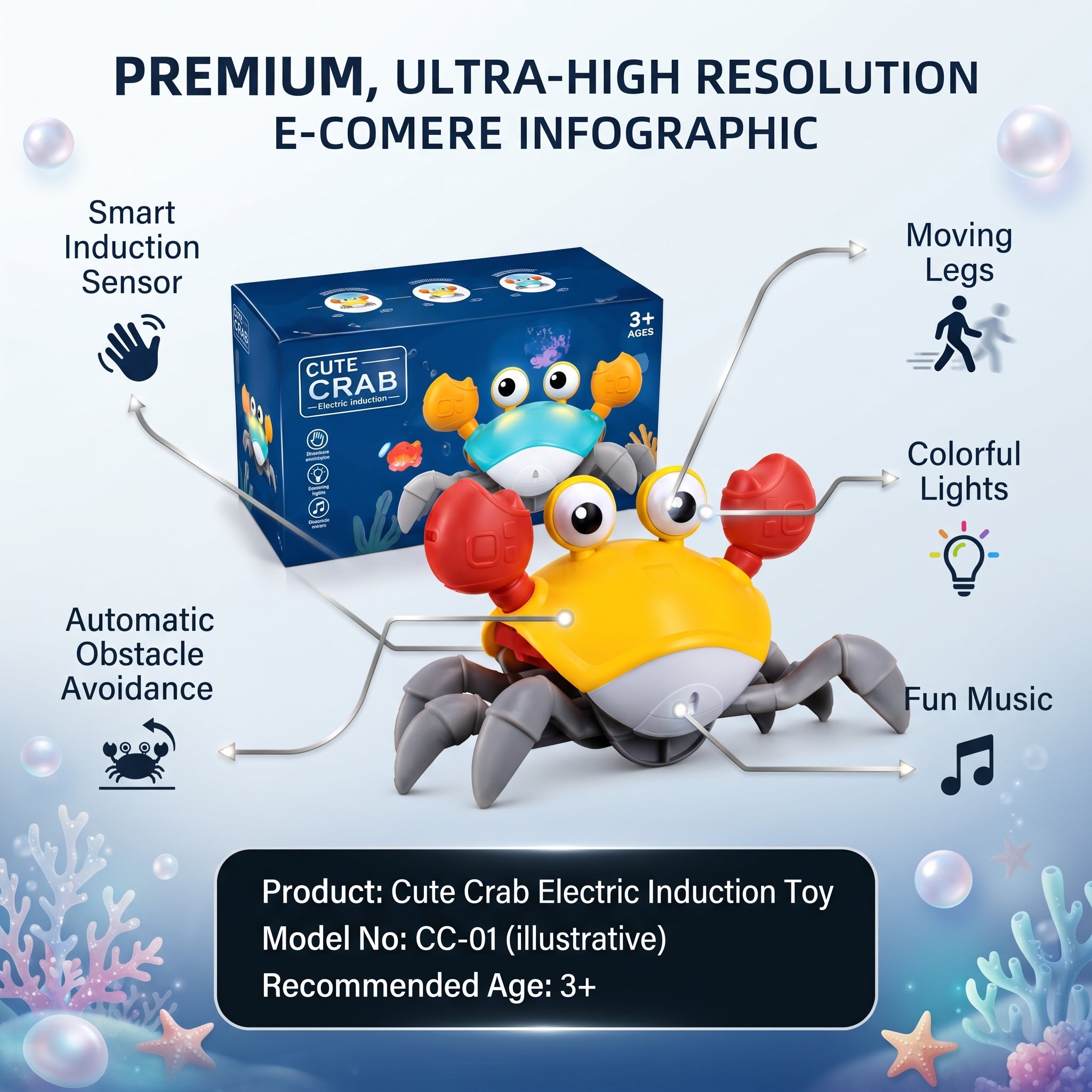 Cute Crab Electric Induction Toy for Kids | Musical Crawling Crab with Lights & Obstacle Avoidance