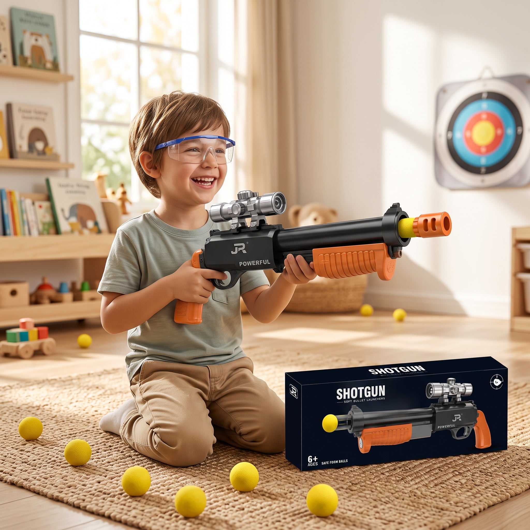 Kids Shotgun Toy with 12 Soft Foam Balls | Toy Blaster Gun with Safety Goggles & Silencer | Ages 6+