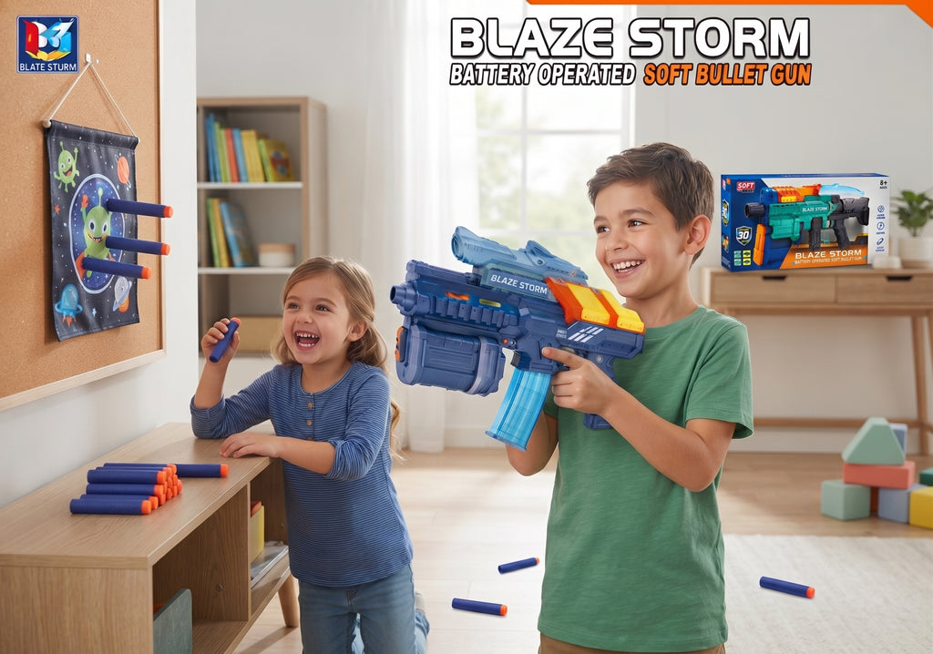 Blaze Storm Battery Operated Soft Bullet Gun – Continuous Launch Electric Foam Dart Blaster with 30 Darts, Cool Light Effect, and Ergonomic Grip for Kids Age 8+