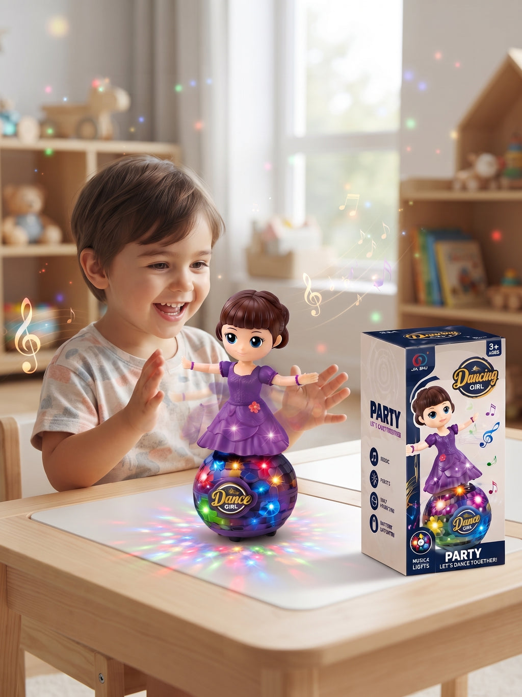 Dancing Girl Musical Toy – Rotating Electronic Doll with Dazzling Disco Ball Base, Colorful Flashing Lights, Cheerful Tunes, and Swinging Arms for Kids