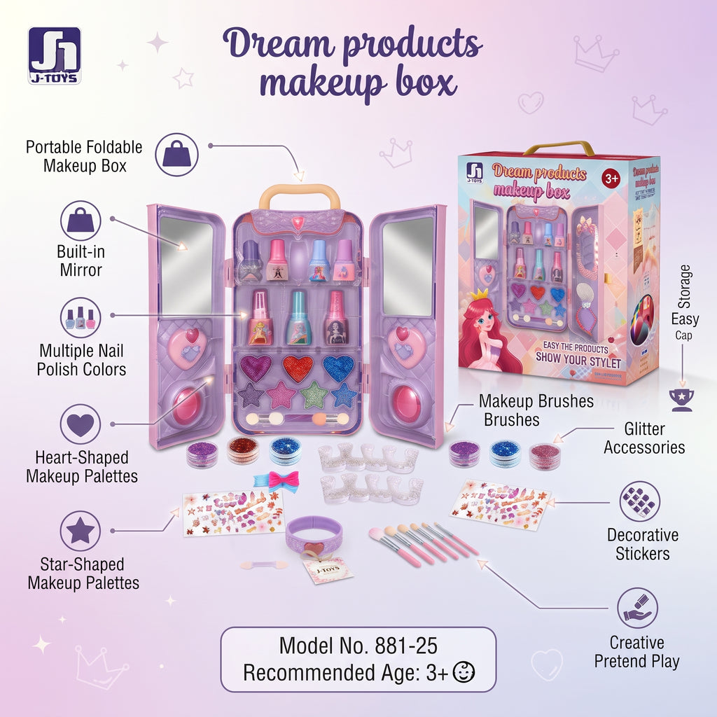 Dream Products Kids Makeup Box | Portable Pretend Play Beauty Set with Mirror & Accessories