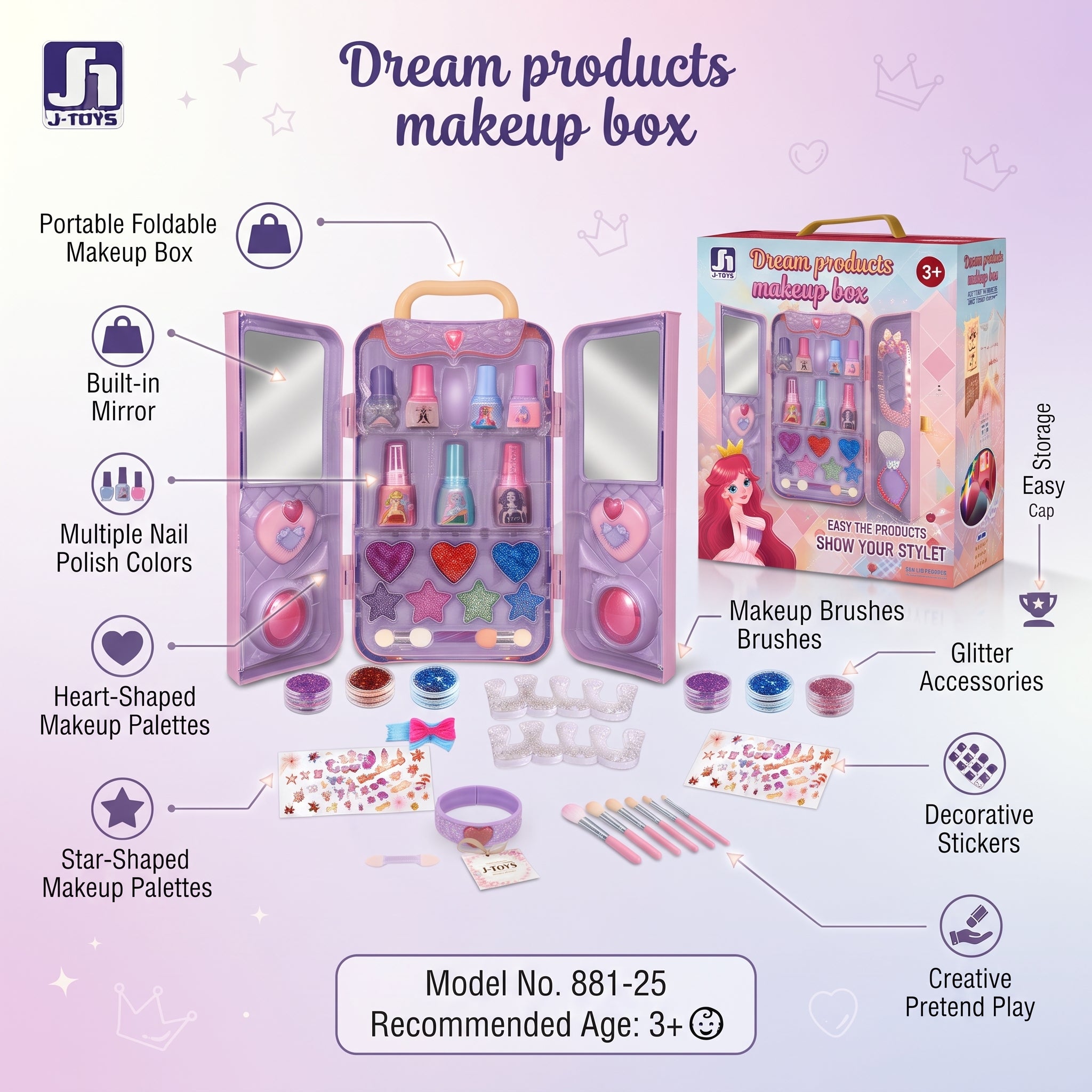 Dream Products Kids Makeup Box | Portable Pretend Play Beauty Set with Mirror & Accessories