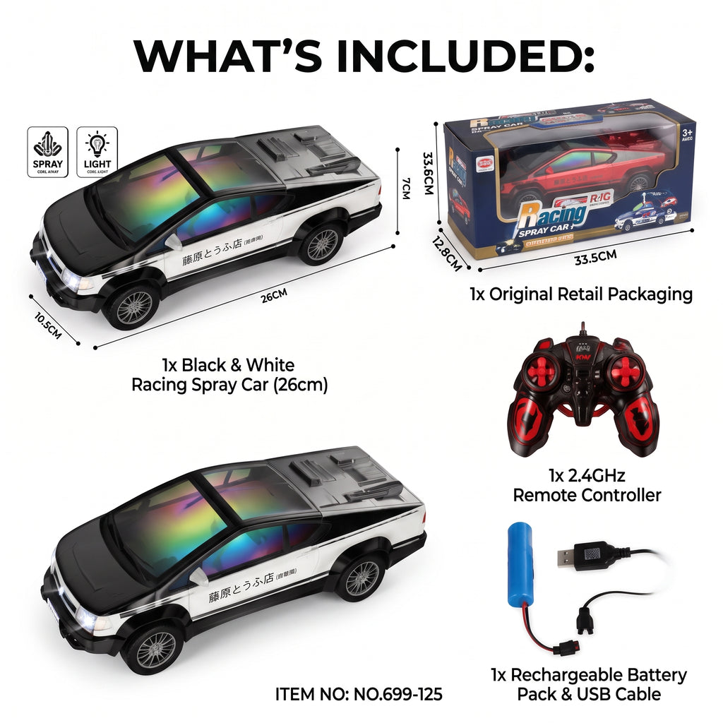 Rechargeable RC Racing Car | Remote Control Spray Car with Lights, Music & USB Charging