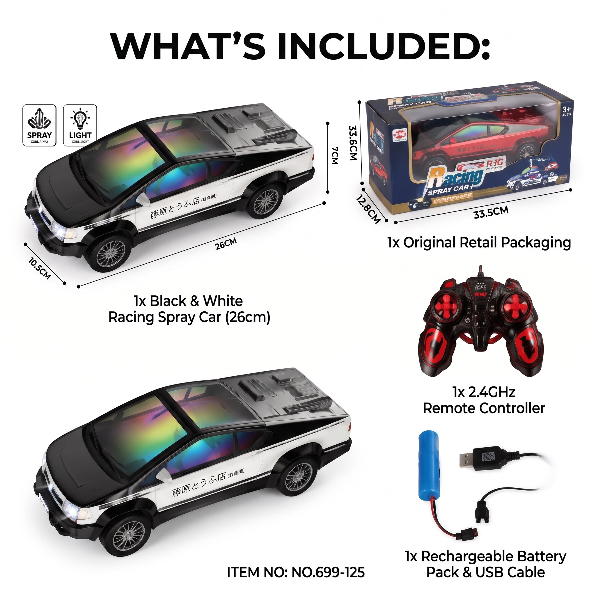 Rechargeable RC Racing Car | Remote Control Spray Car with Lights, Music & USB Charging