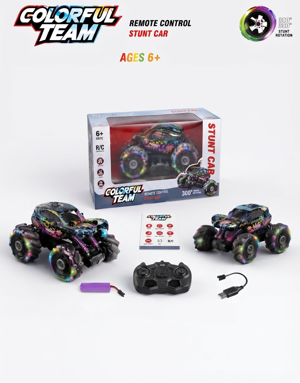 Colorful RC Stunt Car with 2.4GHz Remote Control – 360° Rotating Drift Toy