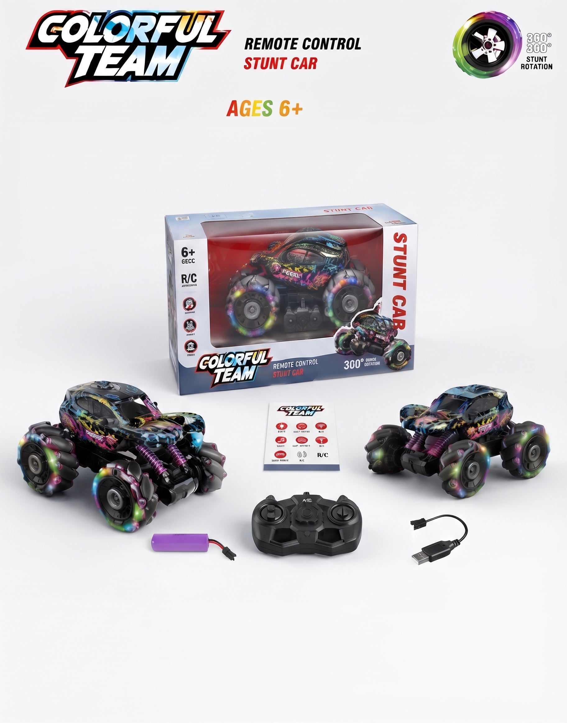 Colorful RC Stunt Car with 2.4GHz Remote Control – 360° Rotating Drift Toy