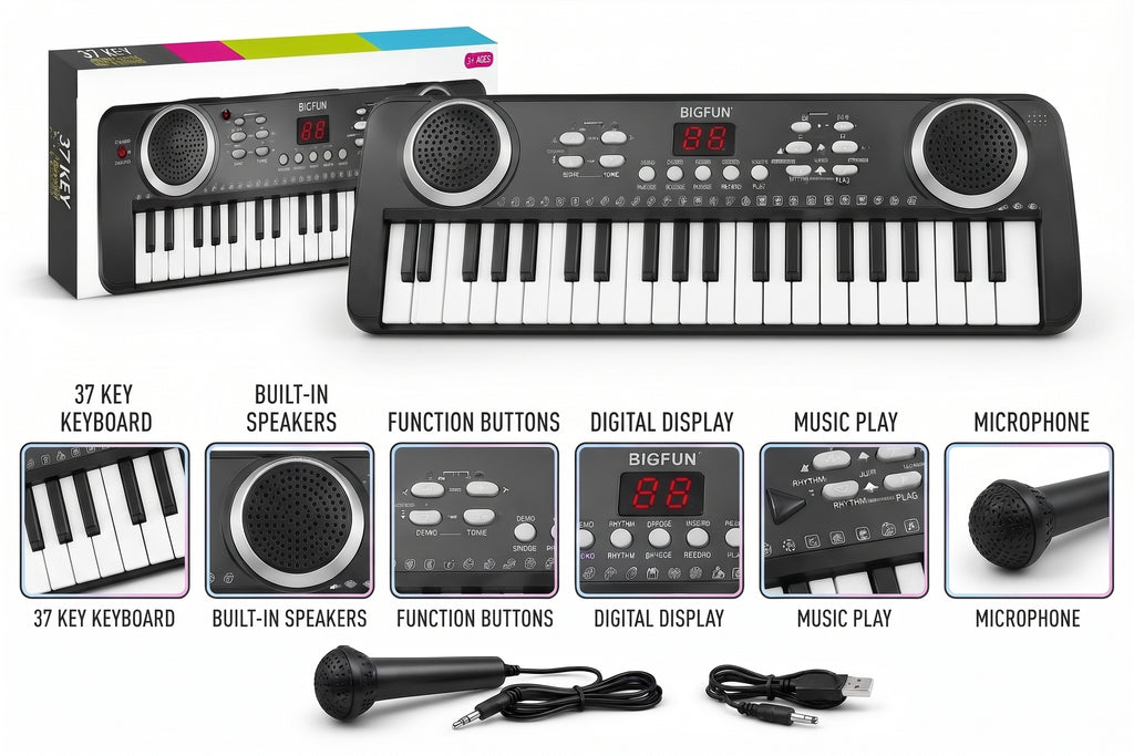 37 Key Electronic Keyboard Toy – Portable Kids Piano with Microphone, Dual Built-in Speakers, Digital Display, Record & Play Modes, and Gift Box