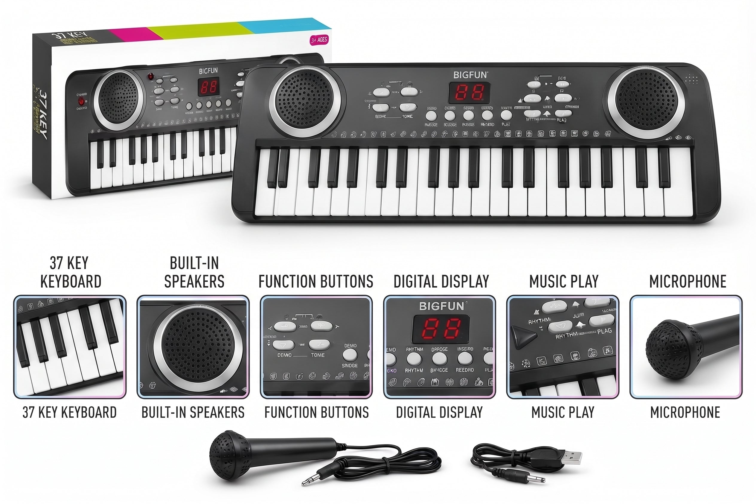 37 Key Electronic Keyboard Toy – Portable Kids Piano with Microphone, Dual Built-in Speakers, Digital Display, Record & Play Modes, and Gift Box