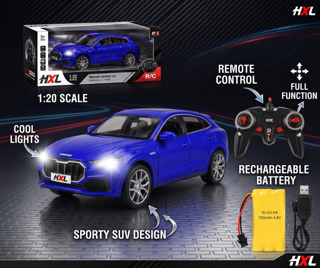 1:20 Scale Rechargeable Remote Control SUV Car – Full Function RC Toy Vehicle with Cool LED Headlights, Ergonomic Controller, USB Charging Cable, and Gift Box