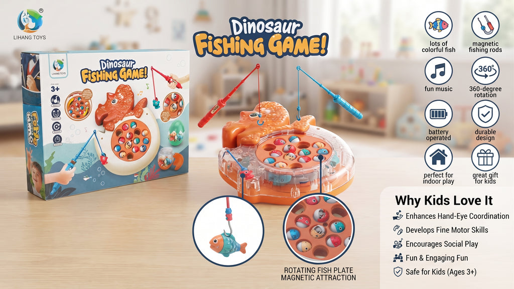 Dinosaur Fishing Game Set – Motorized Rotating Magnetic Fishing Toy with Music and Colorful Fish (Ages 3+)
