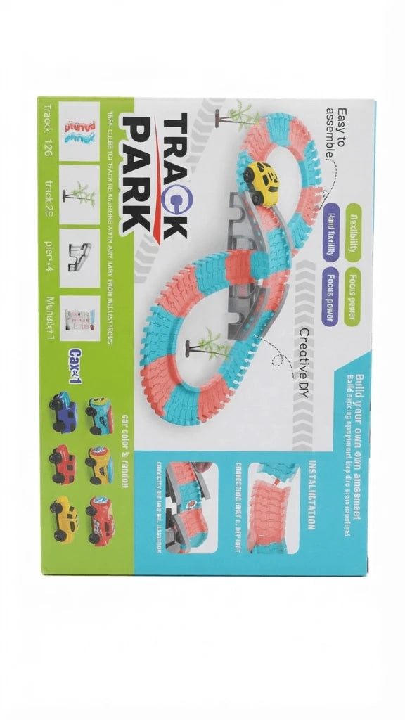 Track Park Magic Flexible Race Track Set – DIY Building Track with Toy Car, Bridge, and Palm Trees for Kids