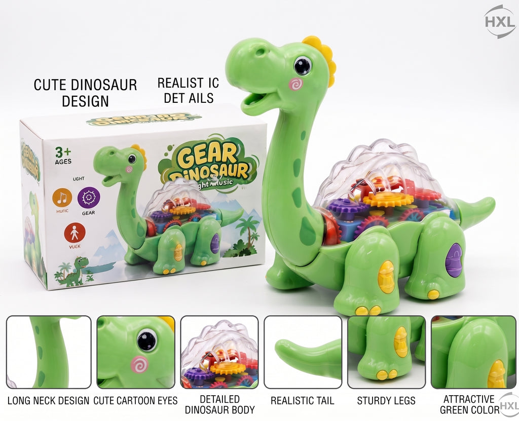 Gear Dinosaur Toy – Light & Music Walking Mechanical Dinosaur with Transparent Gear Body, Colorful Interlocking Gears, and Interactive Gift Box