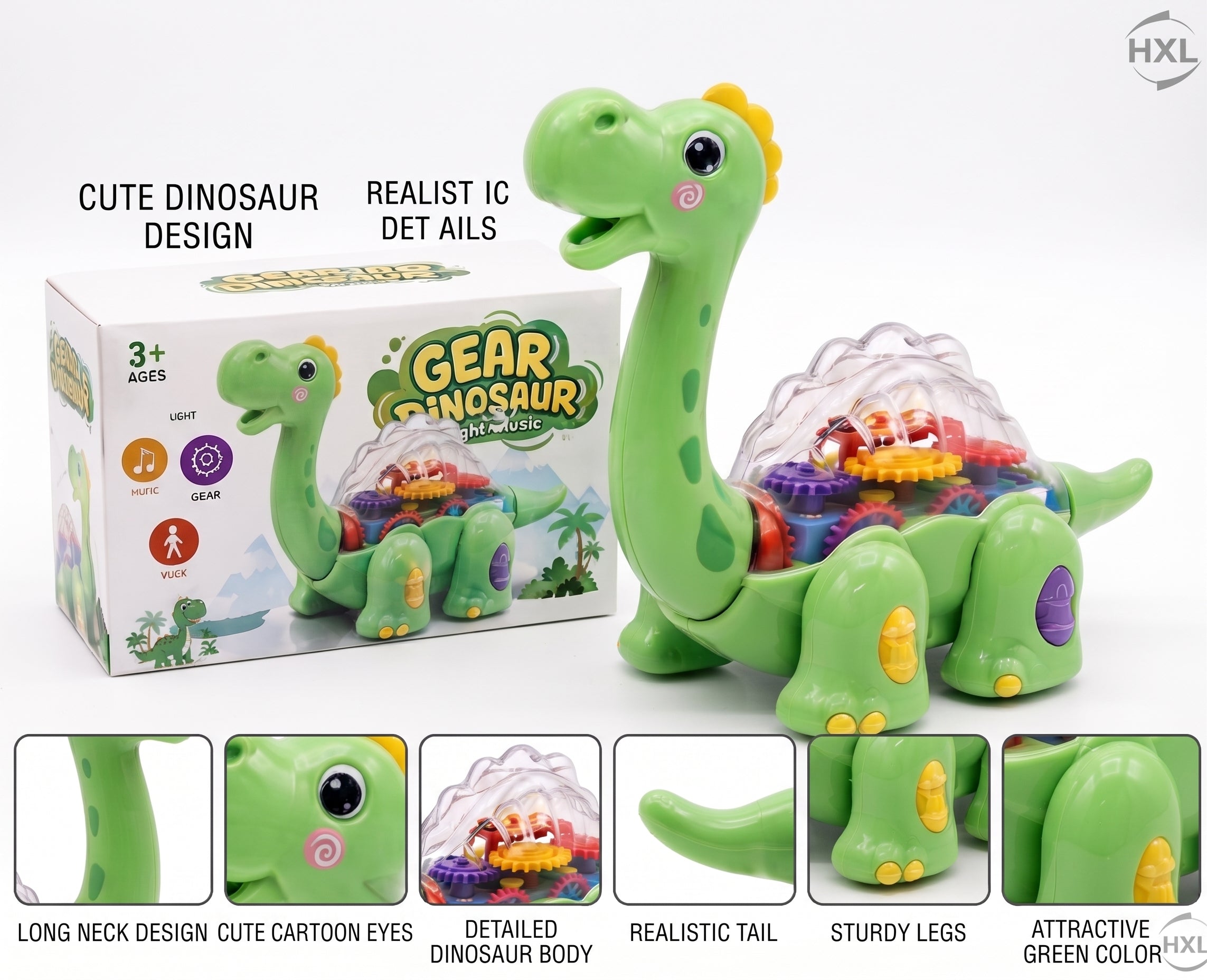 Gear Dinosaur Toy – Light & Music Walking Mechanical Dinosaur with Transparent Gear Body, Colorful Interlocking Gears, and Interactive Gift Box