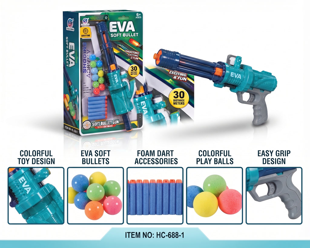 EVA Soft Bullet Gun Toy Set (Item No. HC-688-1) – Foam Dart and Colorful Ball Blaster with Multi-Shot Barrel, 15 Soft Darts, and Display Box for Kids Age 6+