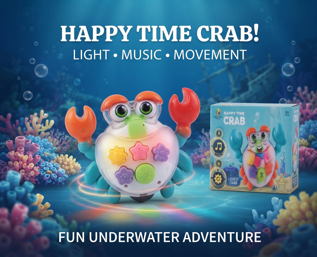 Happy Time Crab Toy – Interactive Musical Walking Crab with Colorful Shape Buttons, Glowing LED Lights, and Universal Bump-and-Go Action