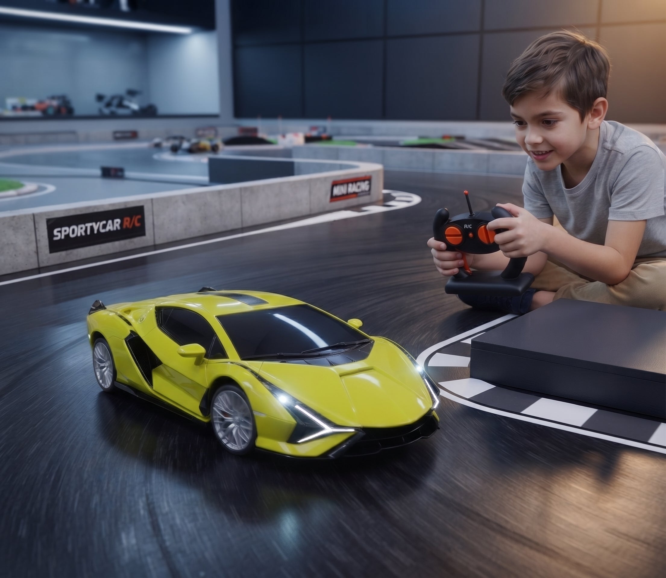 Control SportyCar - Neon Green RC Sports Racing Car with Functional Headlights & Radio Control Transmitter, Toy for Kids