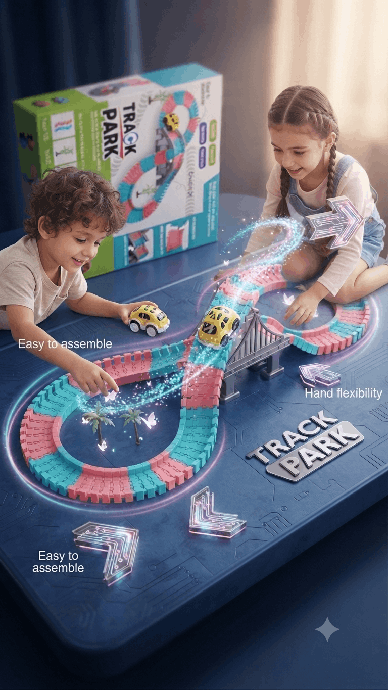 Track Park Magic Flexible Race Track Set – DIY Building Track with Toy Car, Bridge, and Palm Trees for Kids