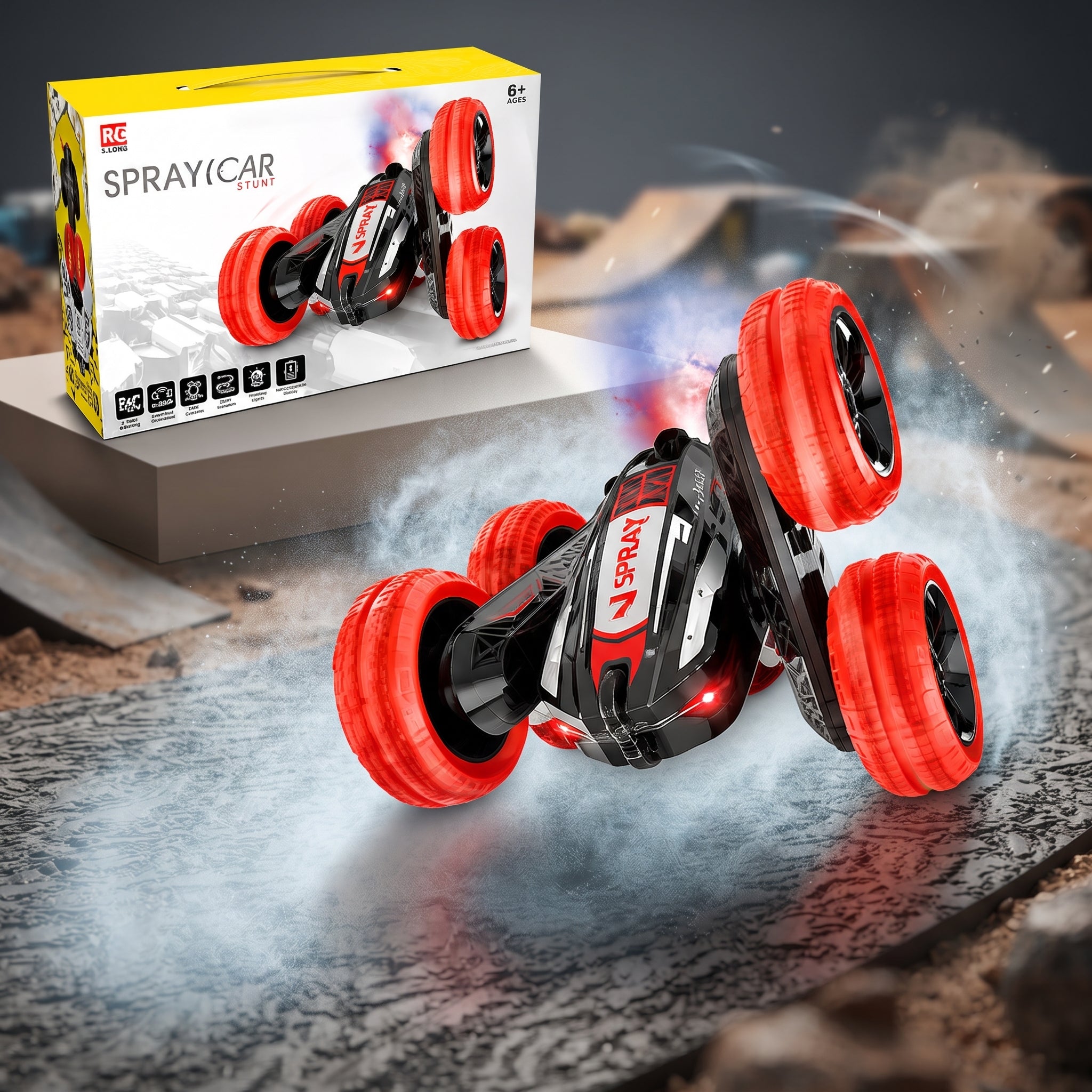 RC Spray Stunt Car – 2.4GHz 4WD Double-Sided Tumbling Remote Control Car with Mist Smoke Effect, 360° Rotating Flashing LED Lights, and Rechargeable Battery for Kids Age 6+