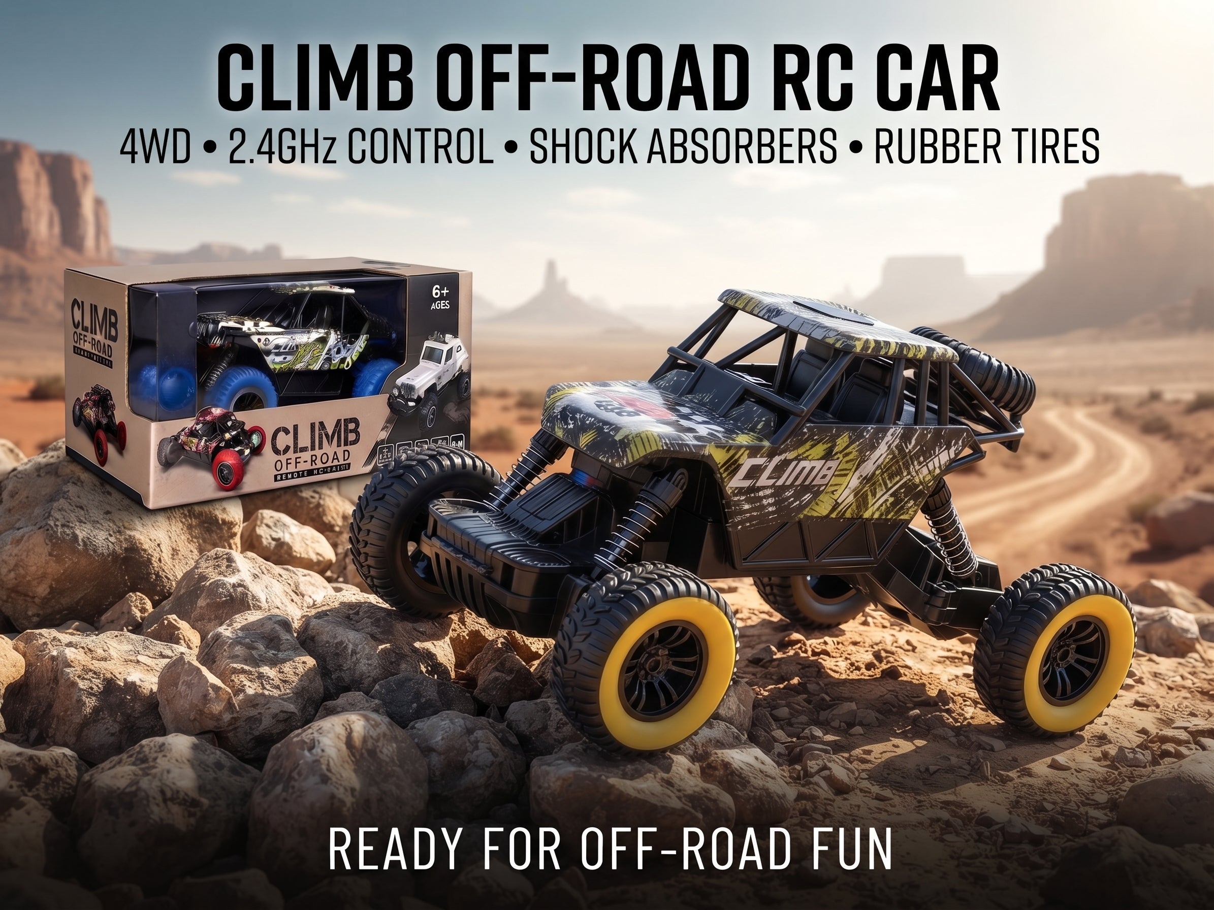 CLIMB Off-Road RC Car – 4WD High-Performance Remote Control Monster Truck with 2.4GHz Controller, Shock Absorbers, Rubber Tires, and Rechargeable Battery for Kids Age 6+