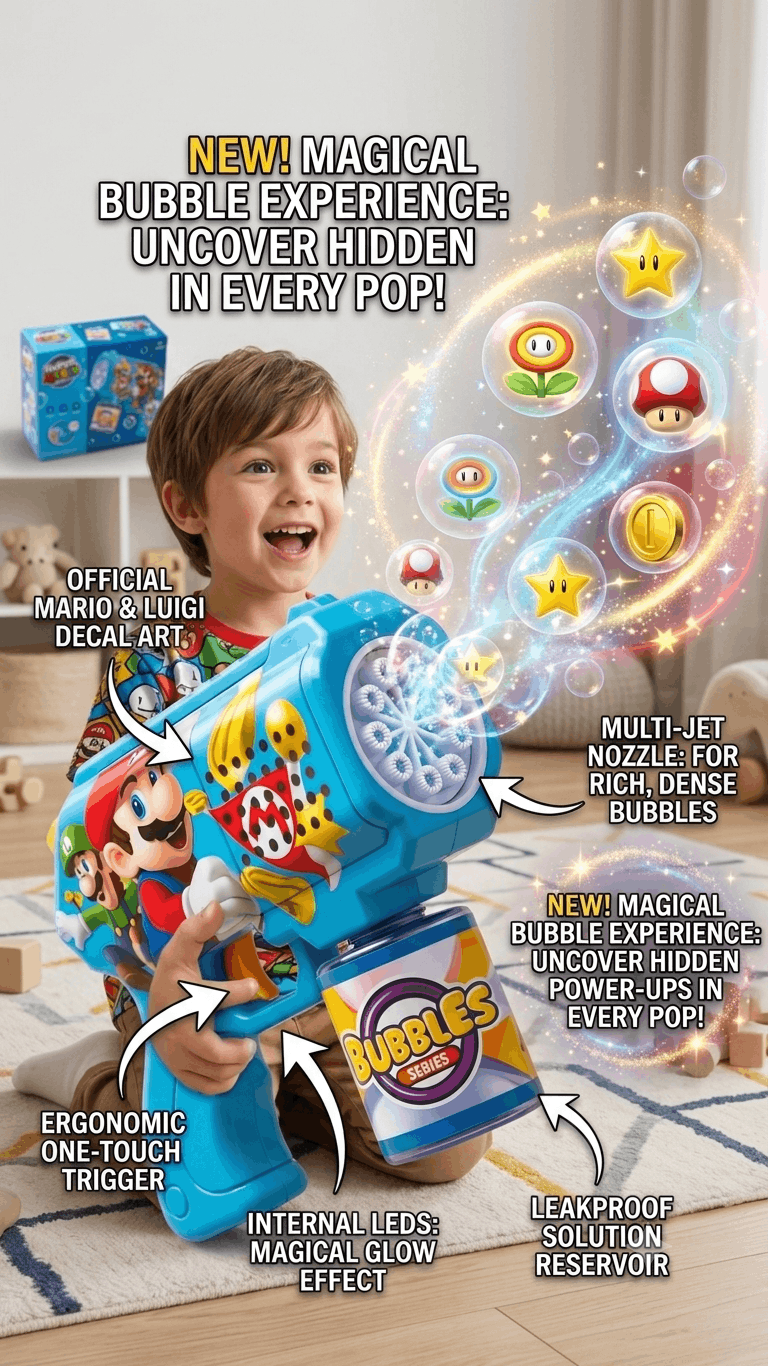 Super Mario Bubble Gun – Automatic Bubble Blower Toy with Rich Bubbles and Bright LED Lights for Kids (3+ Years)