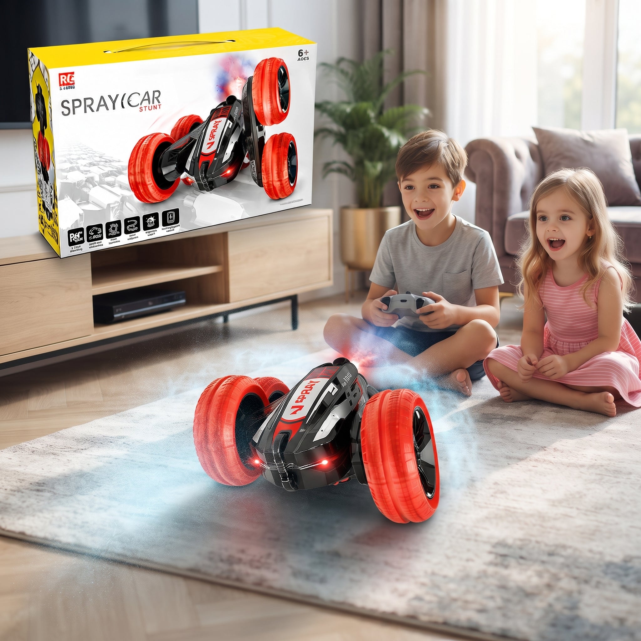 RC Spray Stunt Car – 2.4GHz 4WD Double-Sided Tumbling Remote Control Car with Mist Smoke Effect, 360° Rotating Flashing LED Lights, and Rechargeable Battery for Kids Age 6+