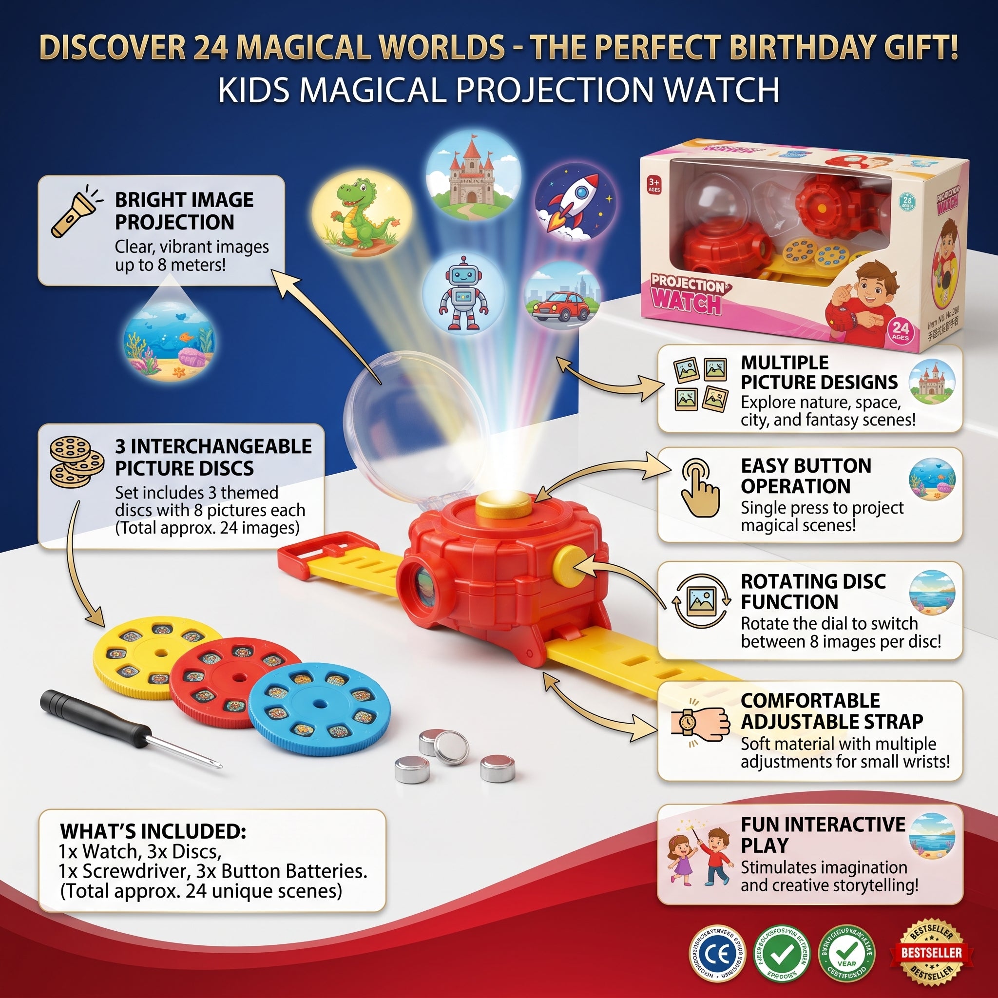 Kids Projection Watch | Cartoon Image Projector Watch with 3 Picture Discs