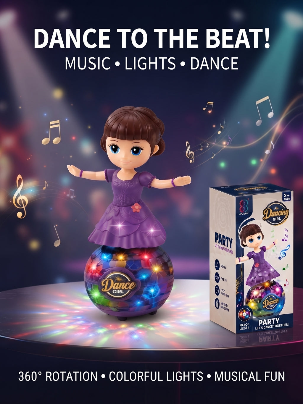 Dancing Girl Musical Toy – Rotating Electronic Doll with Dazzling Disco Ball Base, Colorful Flashing Lights, Cheerful Tunes, and Swinging Arms for Kids