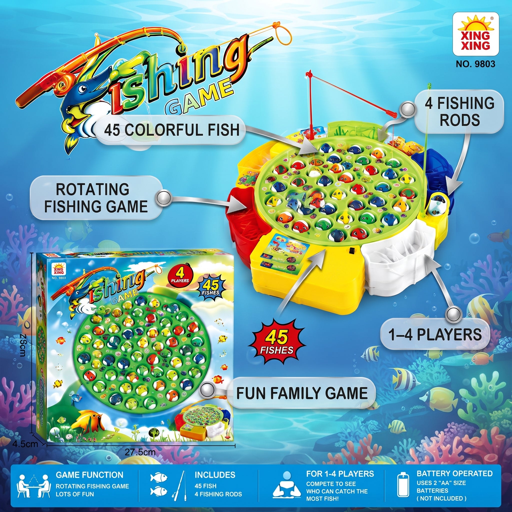 XING XING No. 9803 Fishing Game - 45-Fish Rotating Electronic Toy with 4 Fishing Rods for 1–4 Players
