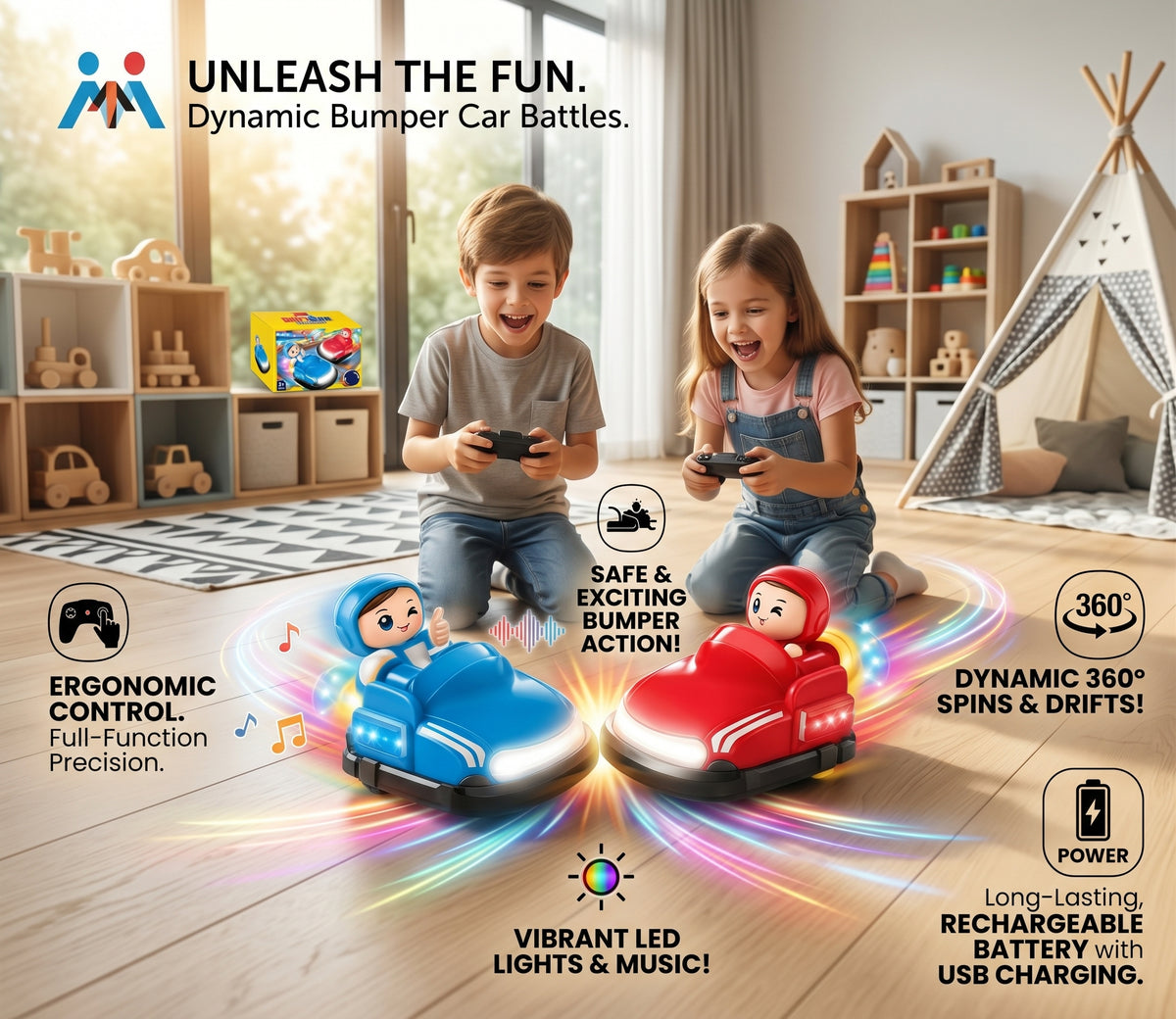 Interactive RC Bumper Car Set with 360° Spin, Lights & Music