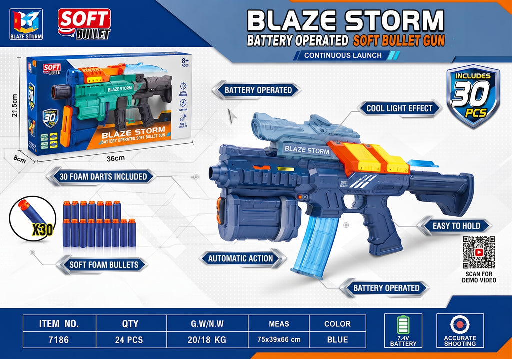 Blaze Storm Battery Operated Soft Bullet Gun – Continuous Launch Electric Foam Dart Blaster with 30 Darts, Cool Light Effect, and Ergonomic Grip for Kids Age 8+
