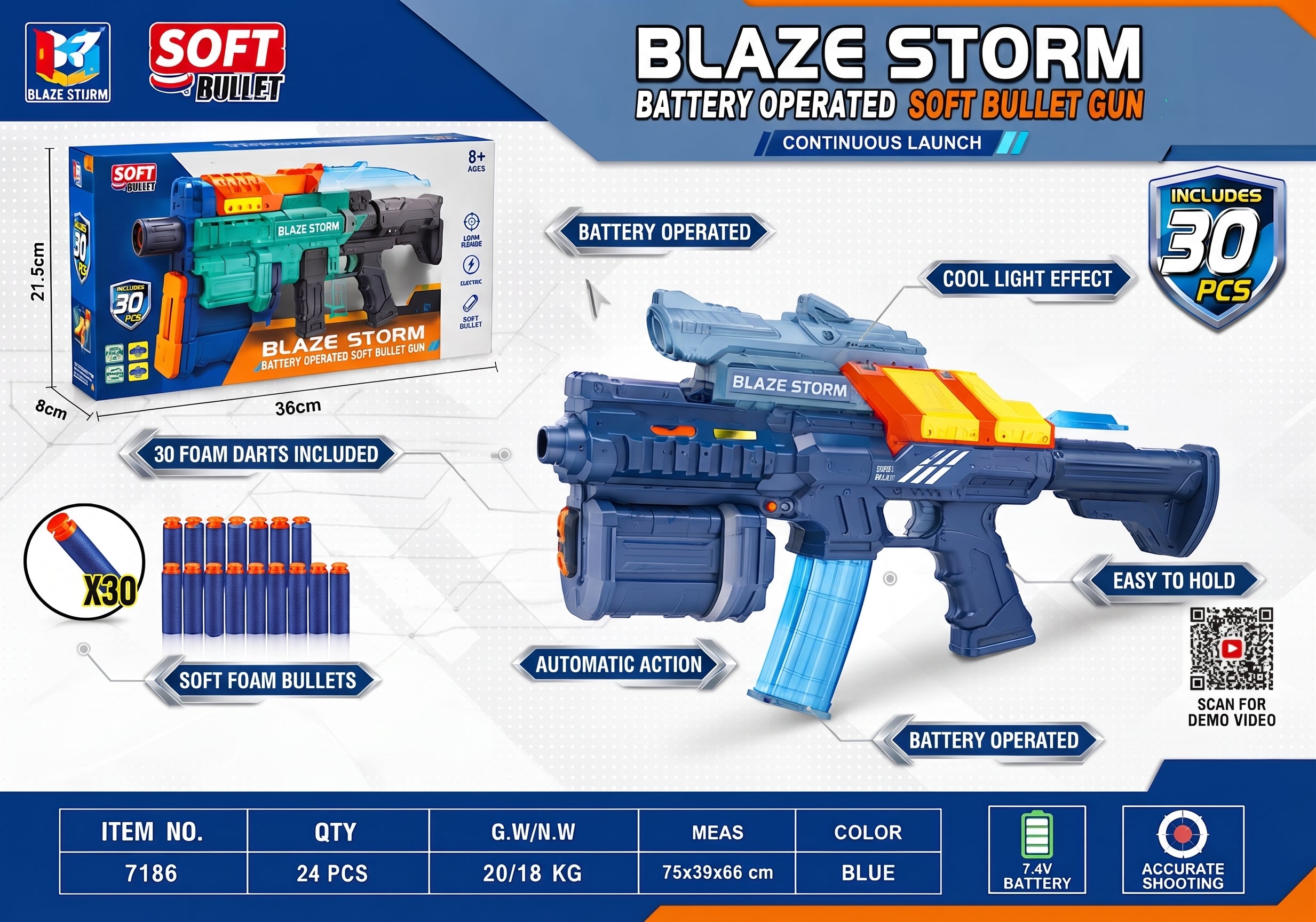 Blaze Storm Battery Operated Soft Bullet Gun – Continuous Launch Electric Foam Dart Blaster with 30 Darts, Cool Light Effect, and Ergonomic Grip for Kids Age 8+