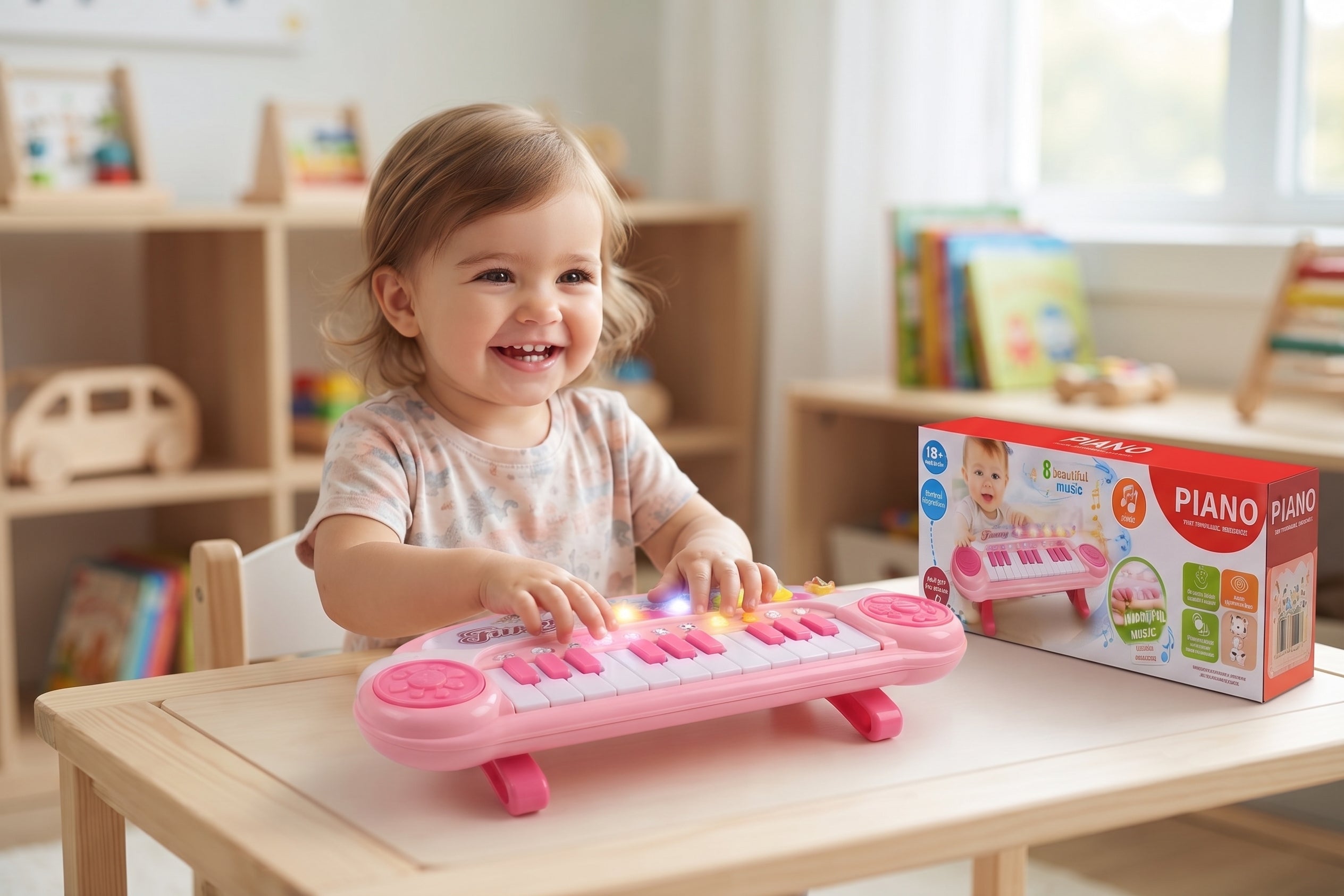Baby Musical Piano Keyboard Toy – Pink Infant Learning Piano with 8 Melodies, Colorful Light-Up Effects, Multiple Tones, and Interactive Development Box
