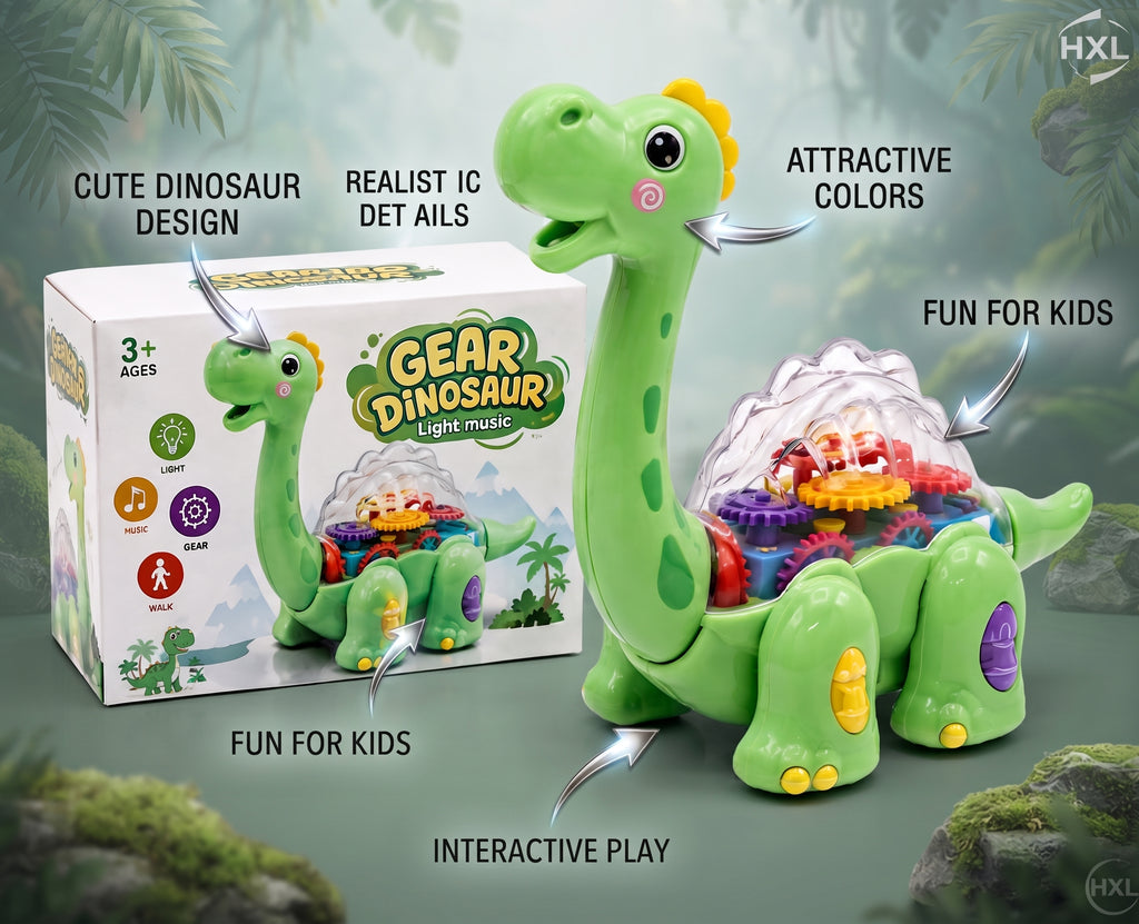 Gear Dinosaur Toy – Light & Music Walking Mechanical Dinosaur with Transparent Gear Body, Colorful Interlocking Gears, and Interactive Gift Box