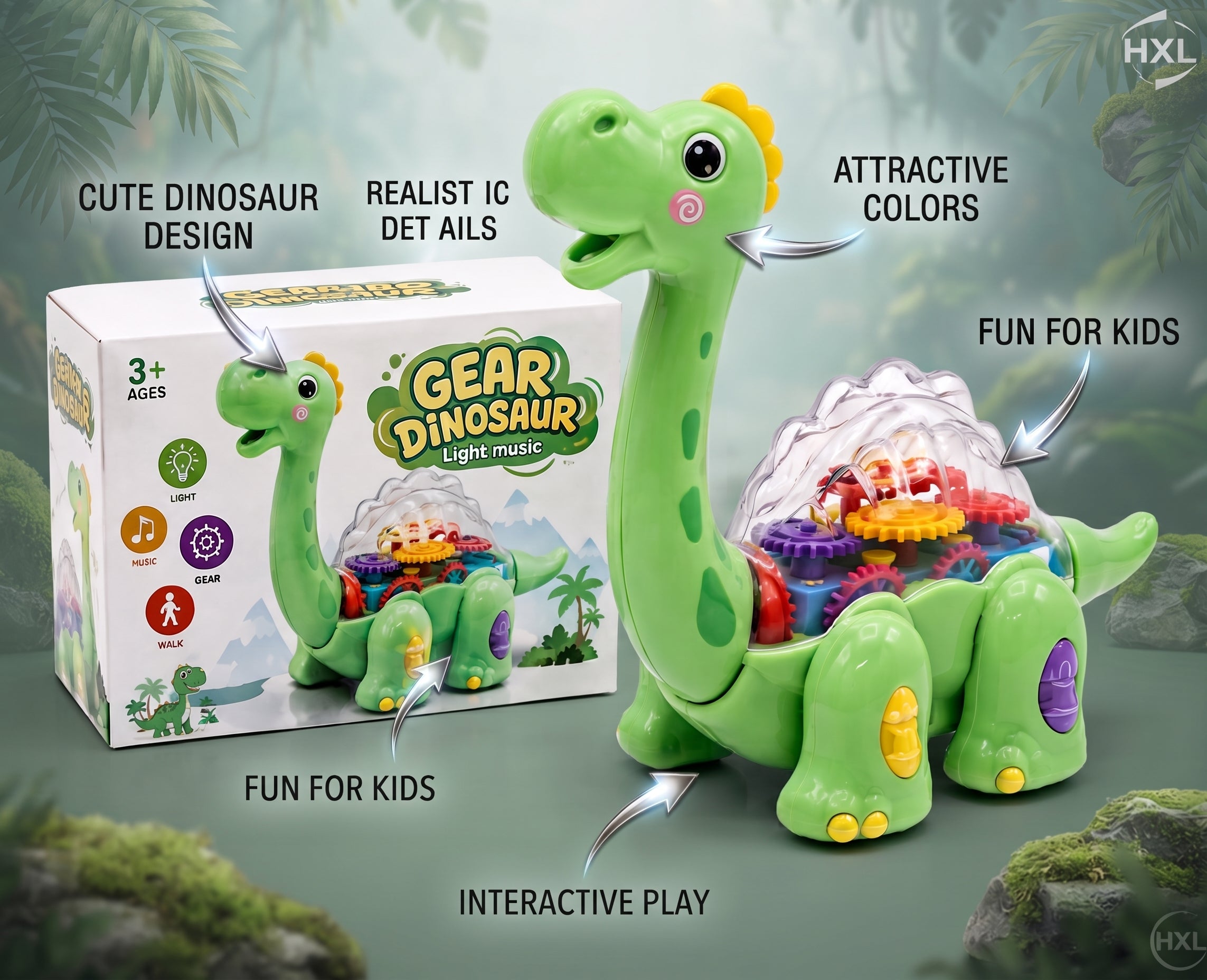 Gear Dinosaur Toy – Light & Music Walking Mechanical Dinosaur with Transparent Gear Body, Colorful Interlocking Gears, and Interactive Gift Box