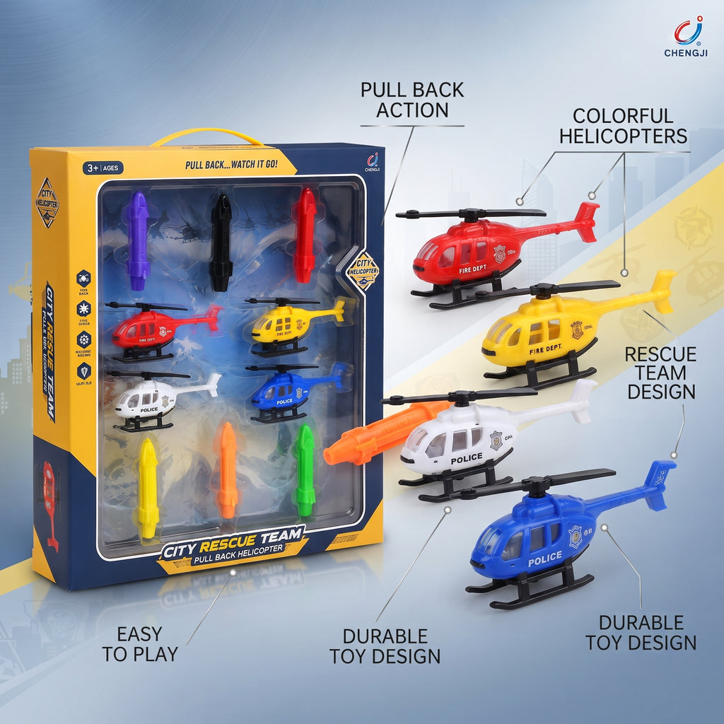 City Rescue Team Pull Back Helicopter Toy Set – 4 Mini Helicopters with Launchers