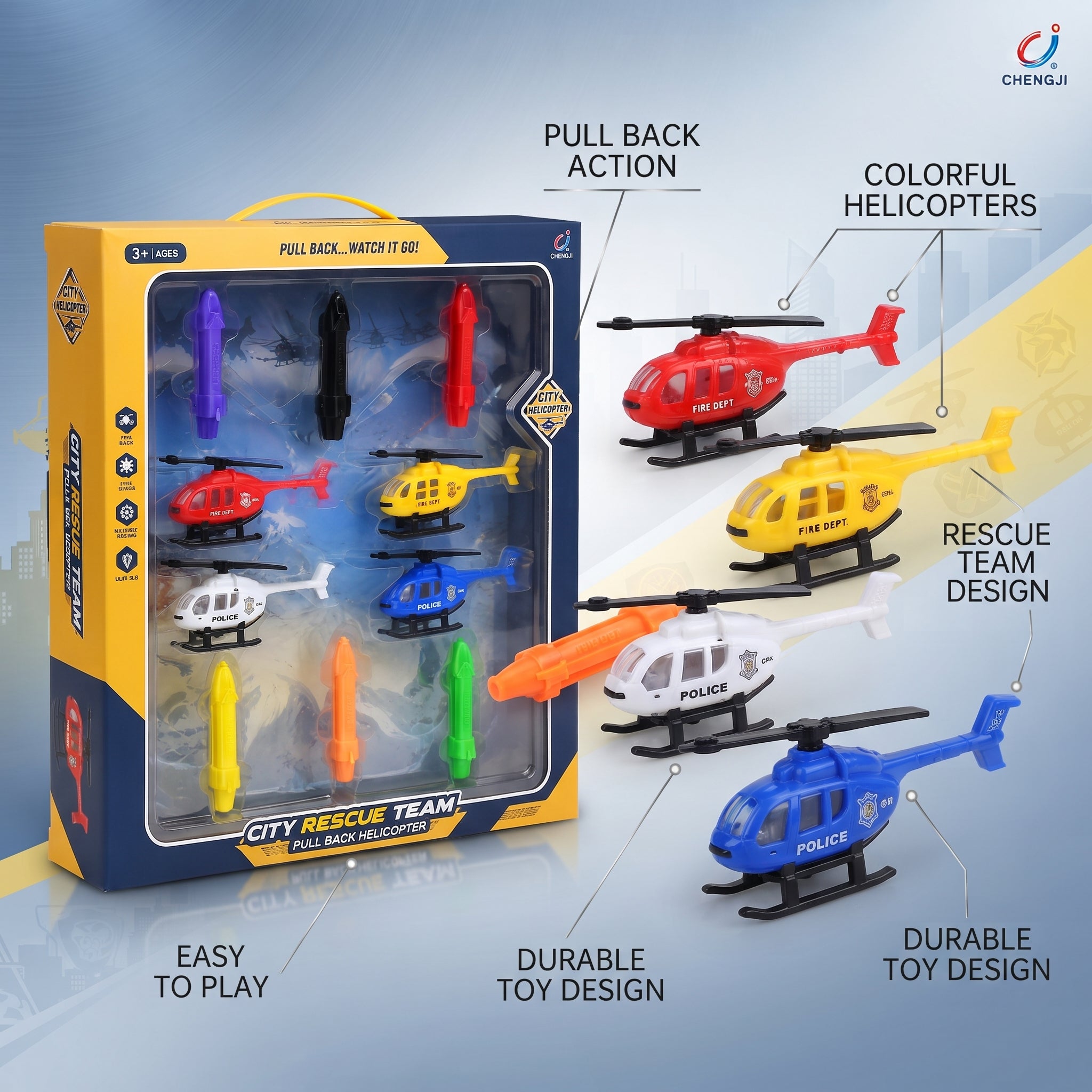City Rescue Team Pull Back Helicopter Toy Set – 4 Mini Helicopters with Launchers