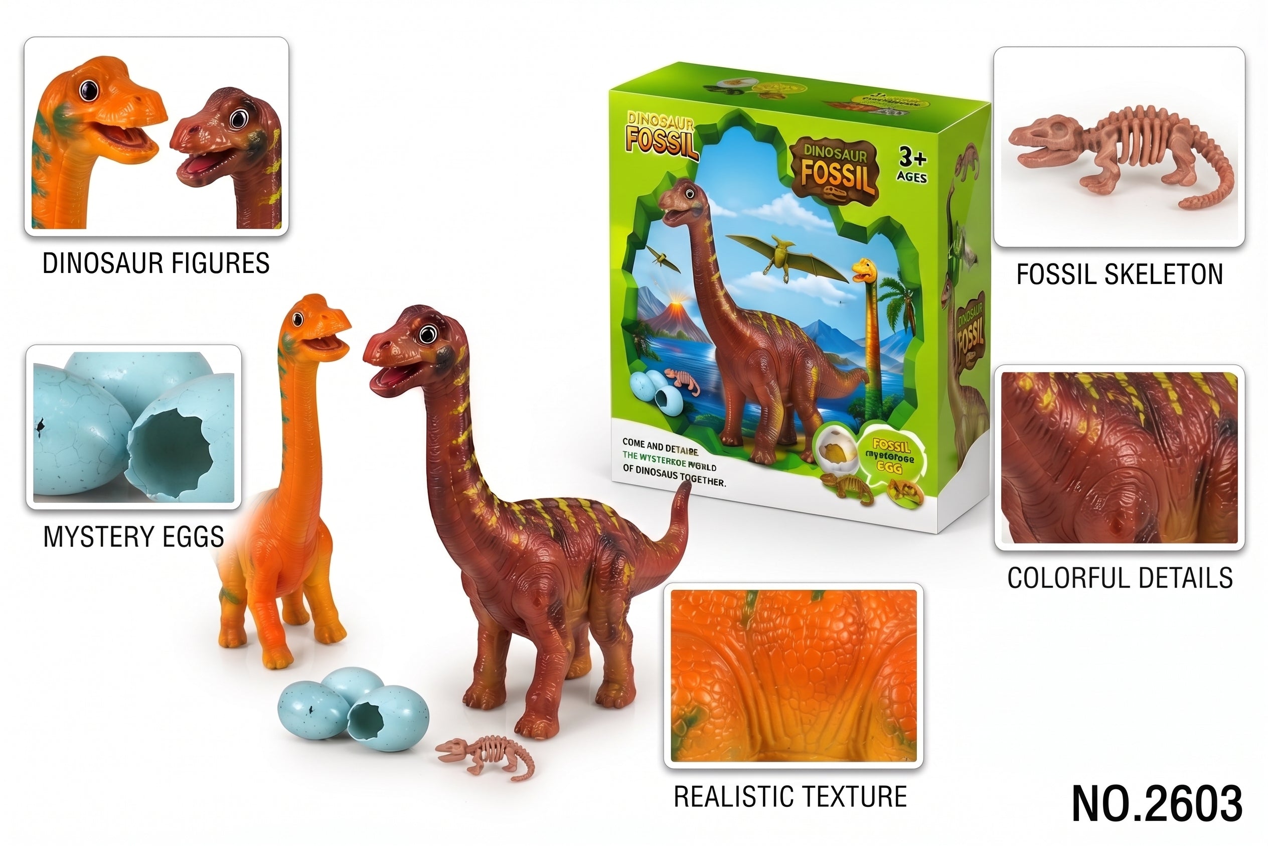 Dinosaur Fossil Egg Toy Set – Prehistoric Brachiosaurus Figures with Fossil Skeletons, Hatching Mystery Eggs, and Display Box for Kids Age 3+