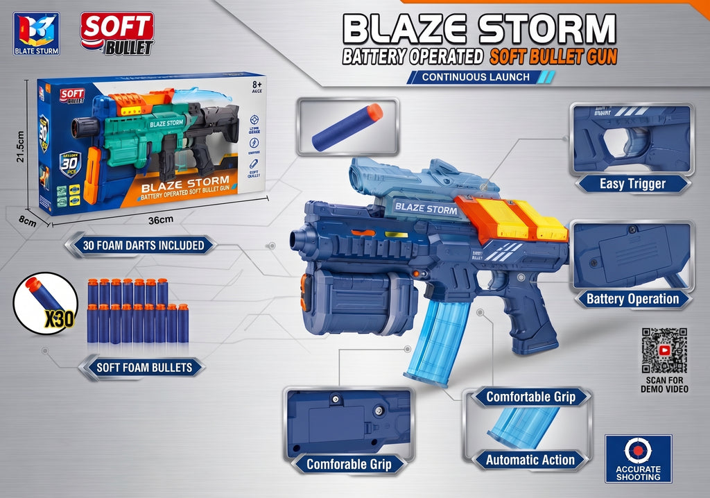 Blaze Storm Battery Operated Soft Bullet Gun – Continuous Launch Electric Foam Dart Blaster with 30 Darts, Cool Light Effect, and Ergonomic Grip for Kids Age 8+