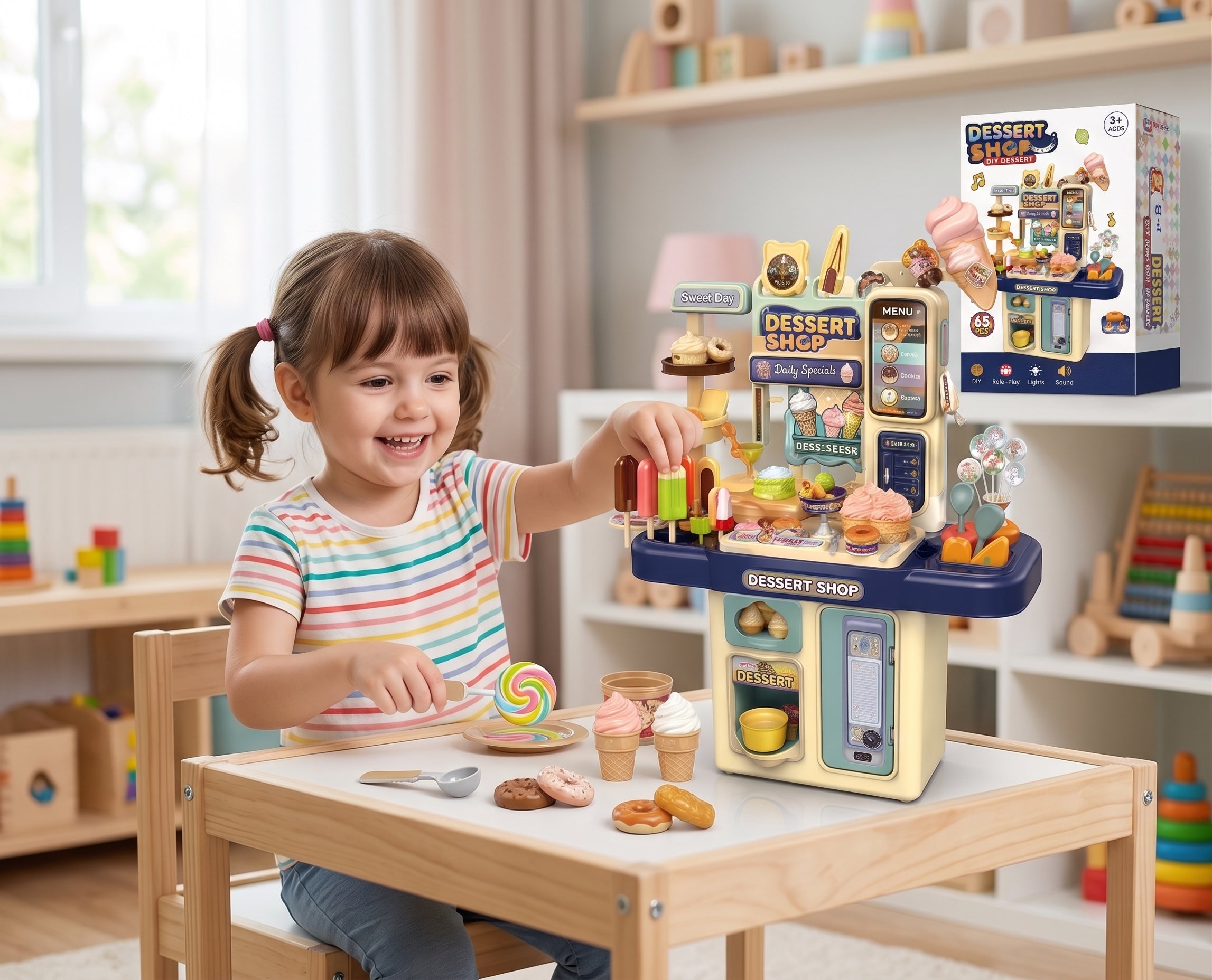 65 PCS Kids Dessert Shop DIY Role Play Set with Lights & Sound