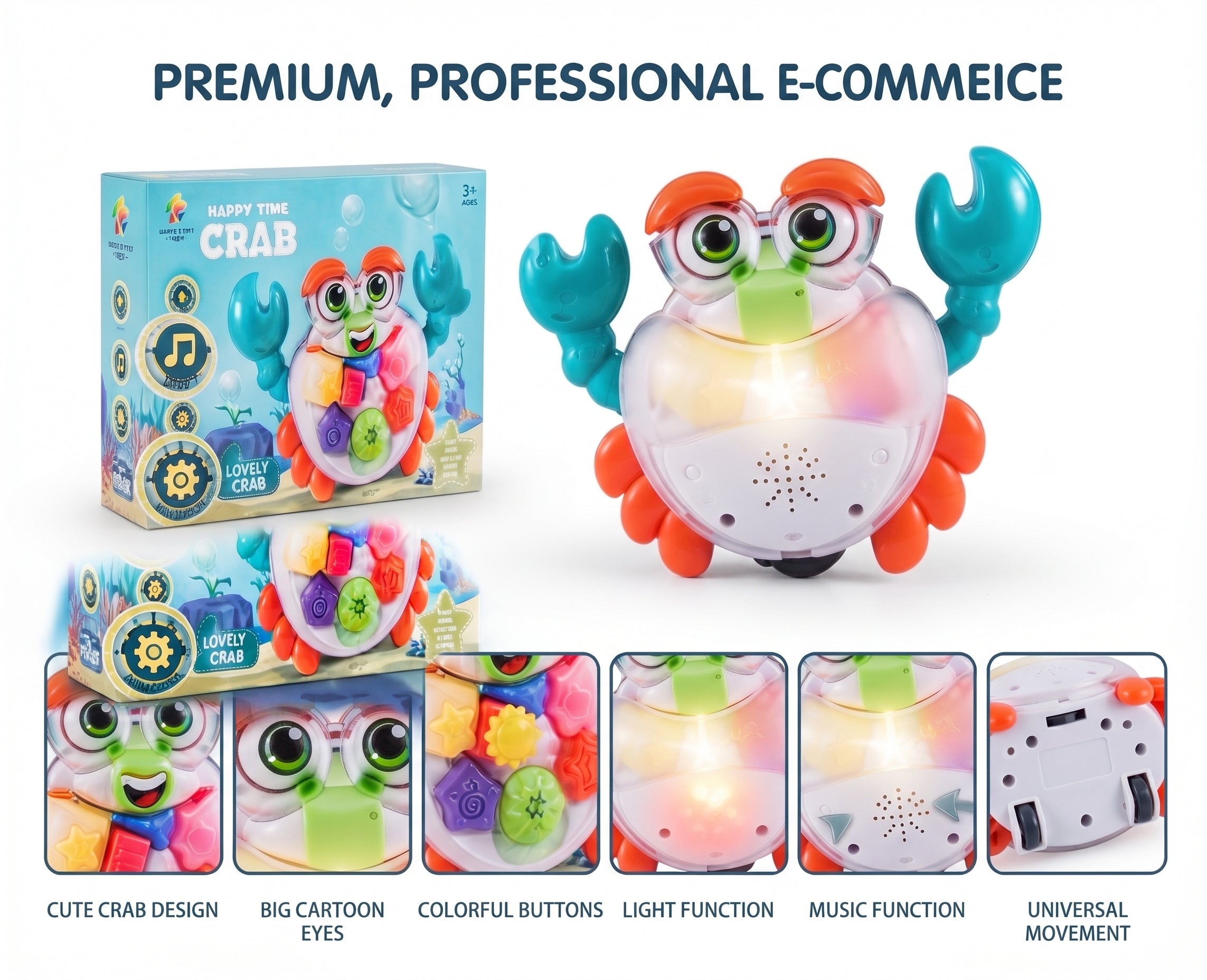 Happy Time Crab Toy – Interactive Musical Walking Crab with Colorful Shape Buttons, Glowing LED Lights, and Universal Bump-and-Go Action