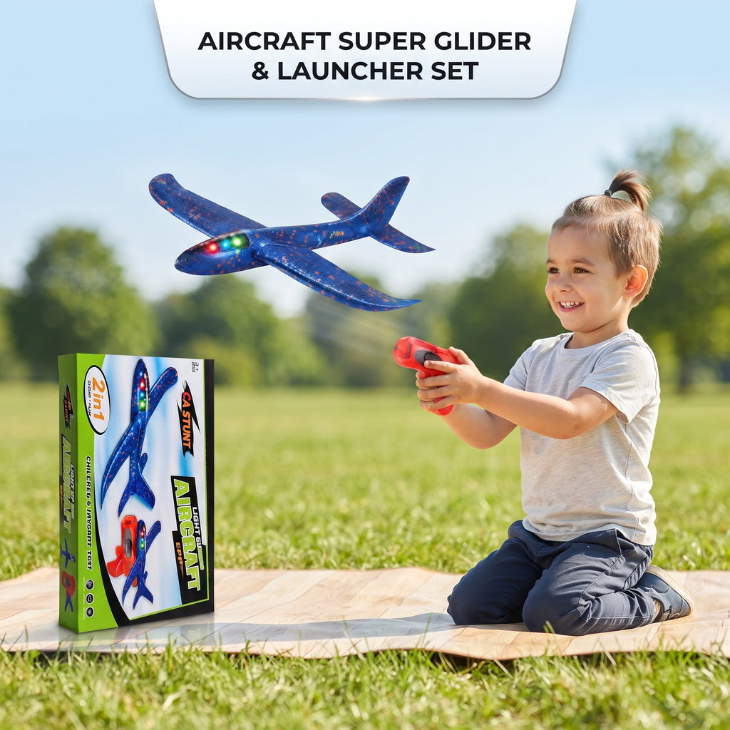 AIRCRAFT Super Glider Foam Airplane Toy with Launcher | LED Light Flying Plane for Kids