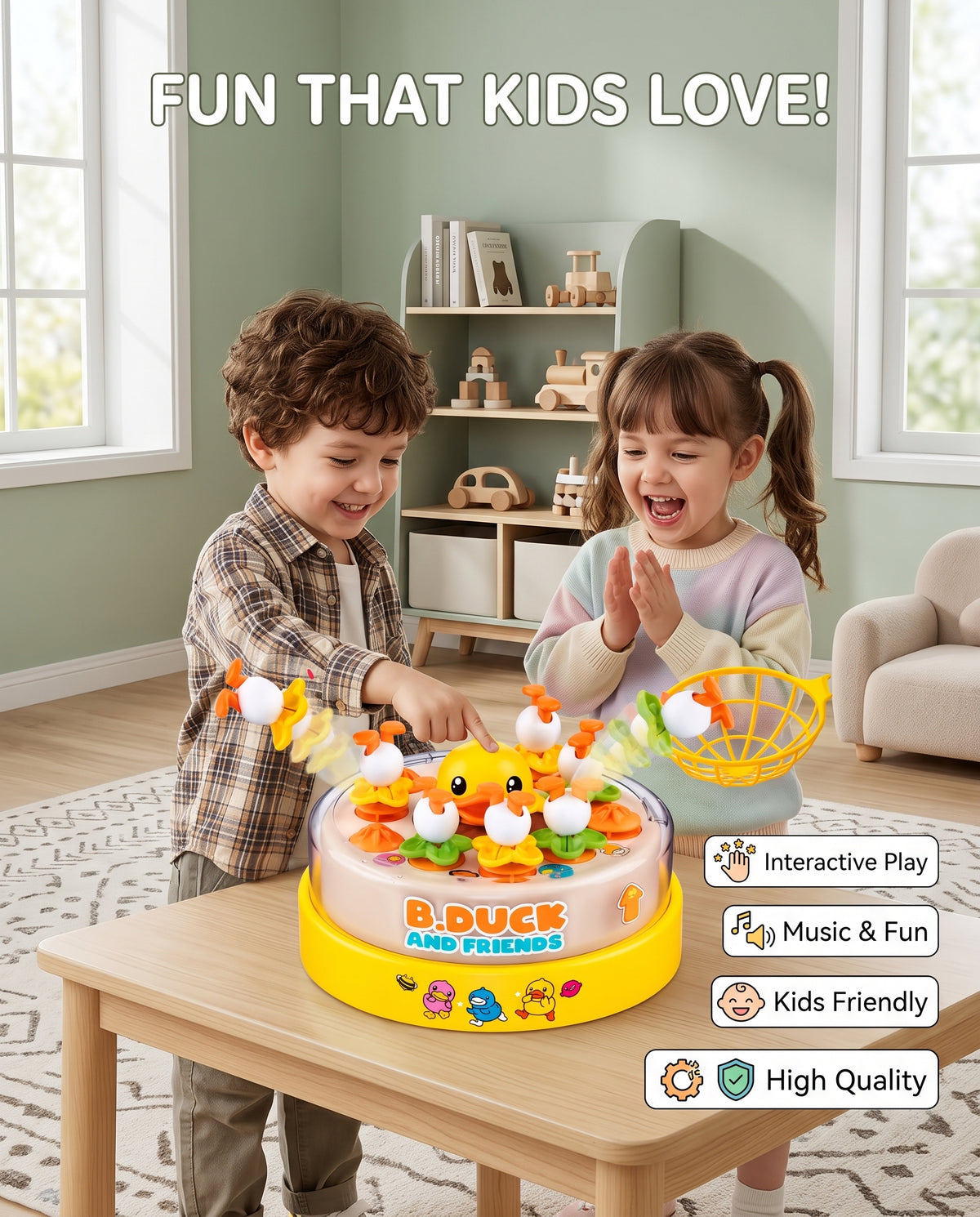 B.Duck & Friends Bouncing Carousel – Interactive Musical Catching Game with Lights