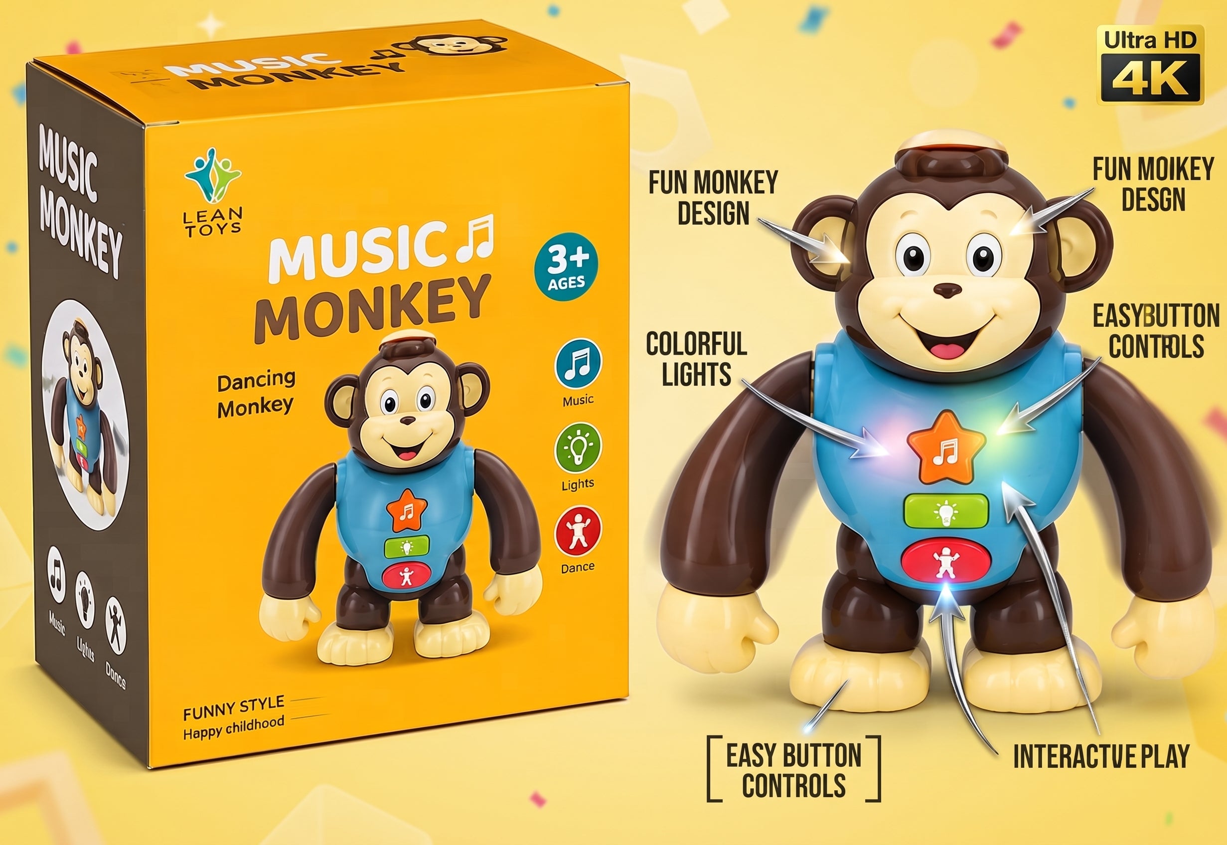 Music Monkey Dancing Toy – Interactive Musical Walking Toy with Colorful Lights, Sound Effects, and Easy Press Buttons for Toddlers Age 3+