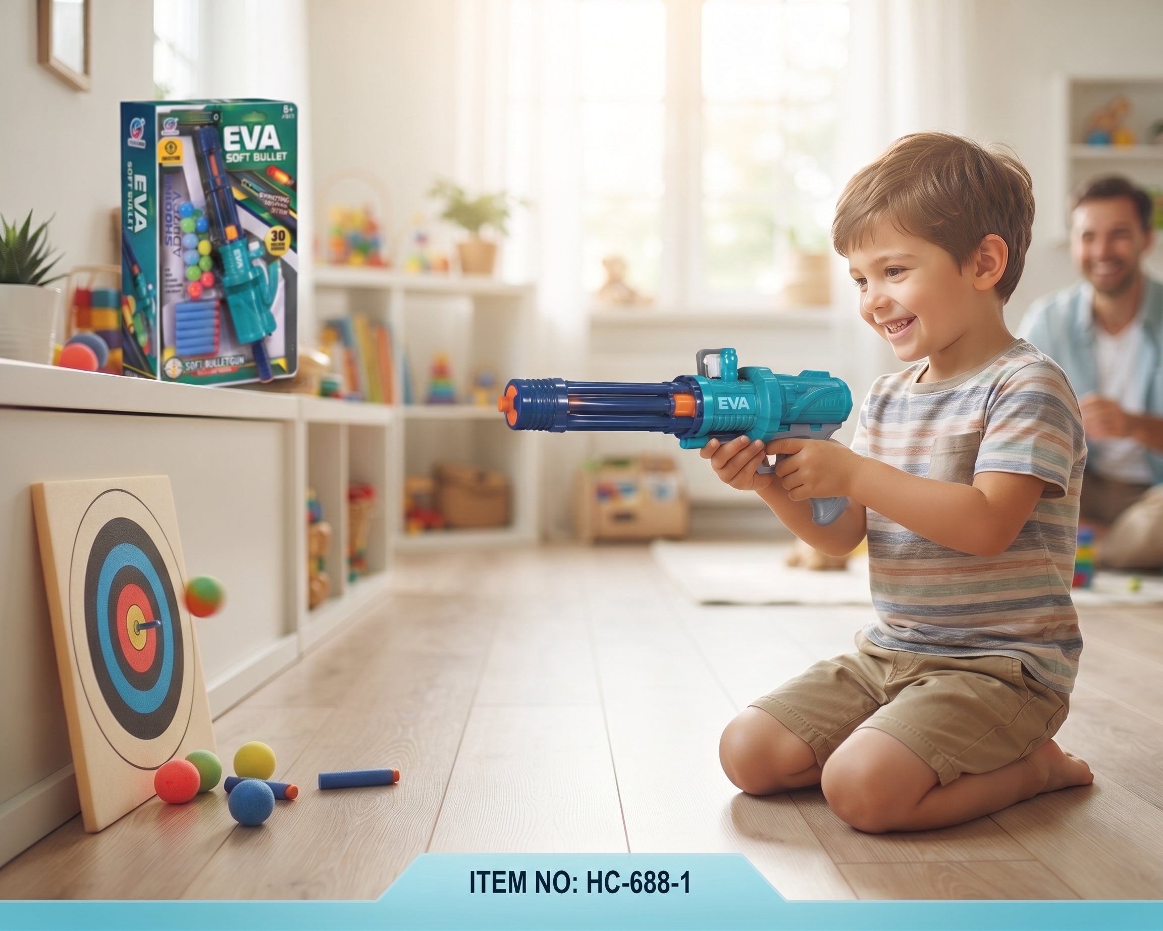 EVA Soft Bullet Gun Toy Set (Item No. HC-688-1) – Foam Dart and Colorful Ball Blaster with Multi-Shot Barrel, 15 Soft Darts, and Display Box for Kids Age 6+