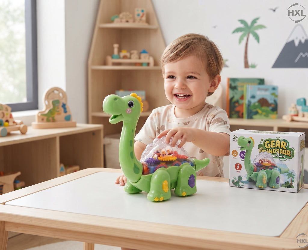 Gear Dinosaur Toy – Light & Music Walking Mechanical Dinosaur with Transparent Gear Body, Colorful Interlocking Gears, and Interactive Gift Box