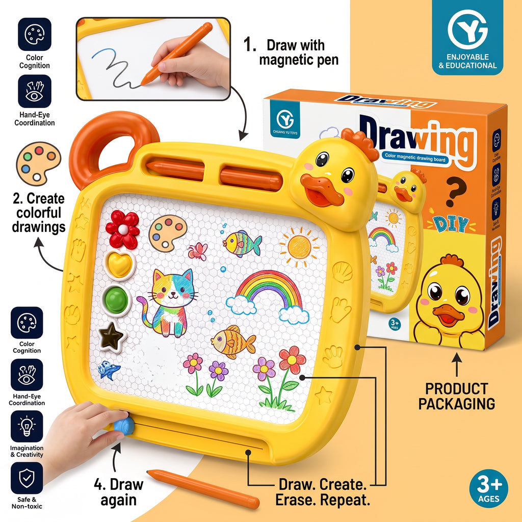 Duck Magnetic Drawing Board for Kids | Reusable Color Writing & Doodle Board with Pen and Stamps