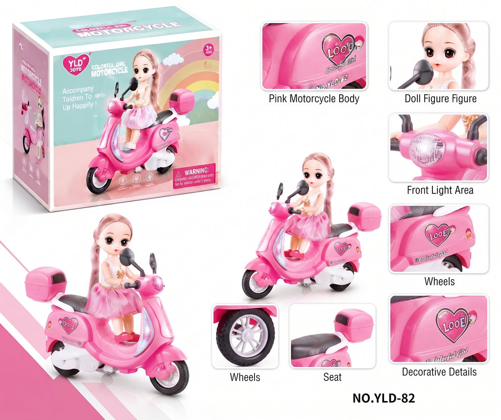 Colorful Girl Motorcycle Doll Toy – Pink Electric Scooter Play Set with Cute Fashion Doll, Working LED Headlight, Music, and Battery-Operated Action for Kids Age 3+