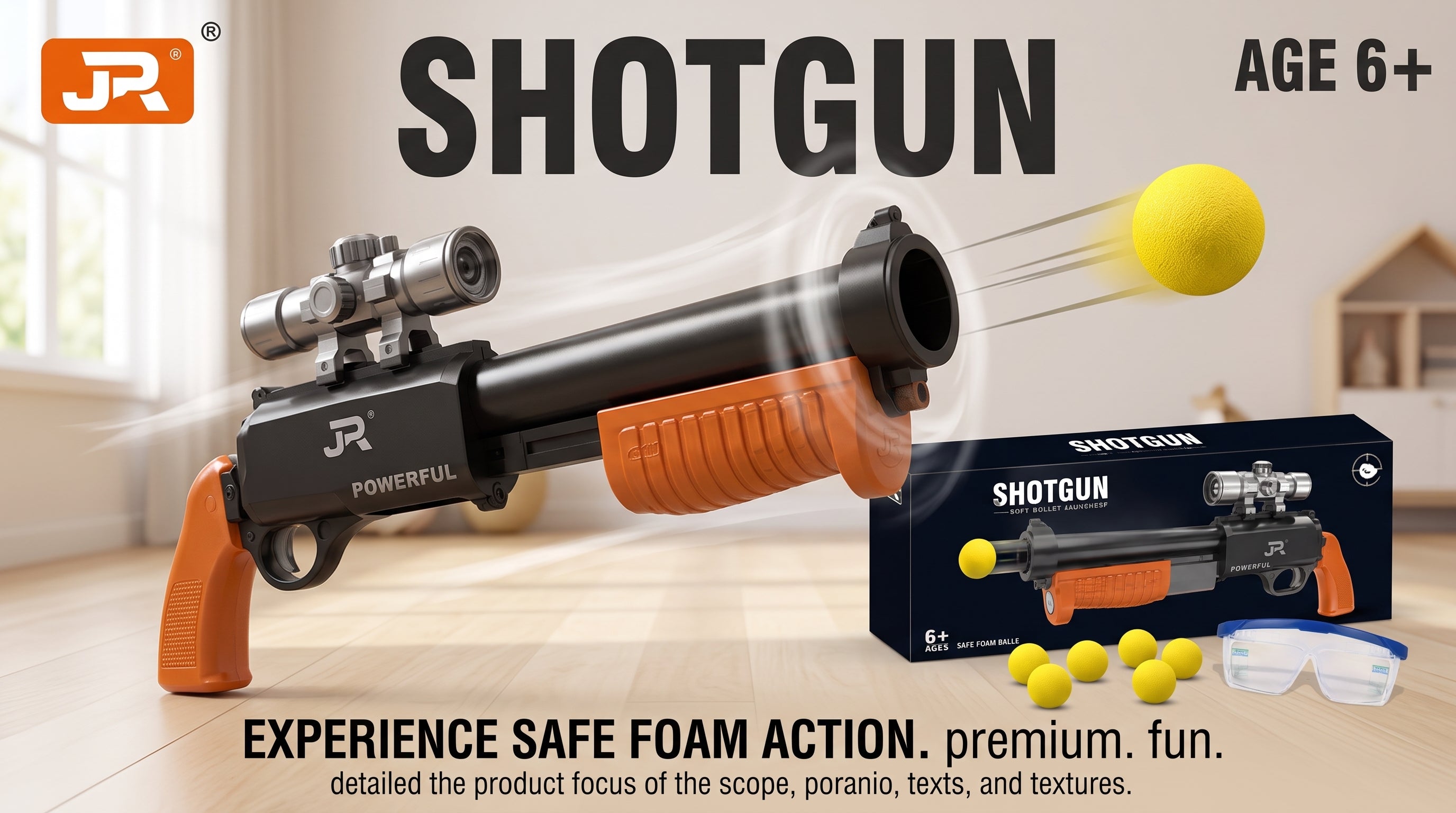 Kids Shotgun Toy with 12 Soft Foam Balls | Toy Blaster Gun with Safety Goggles & Silencer | Ages 6+