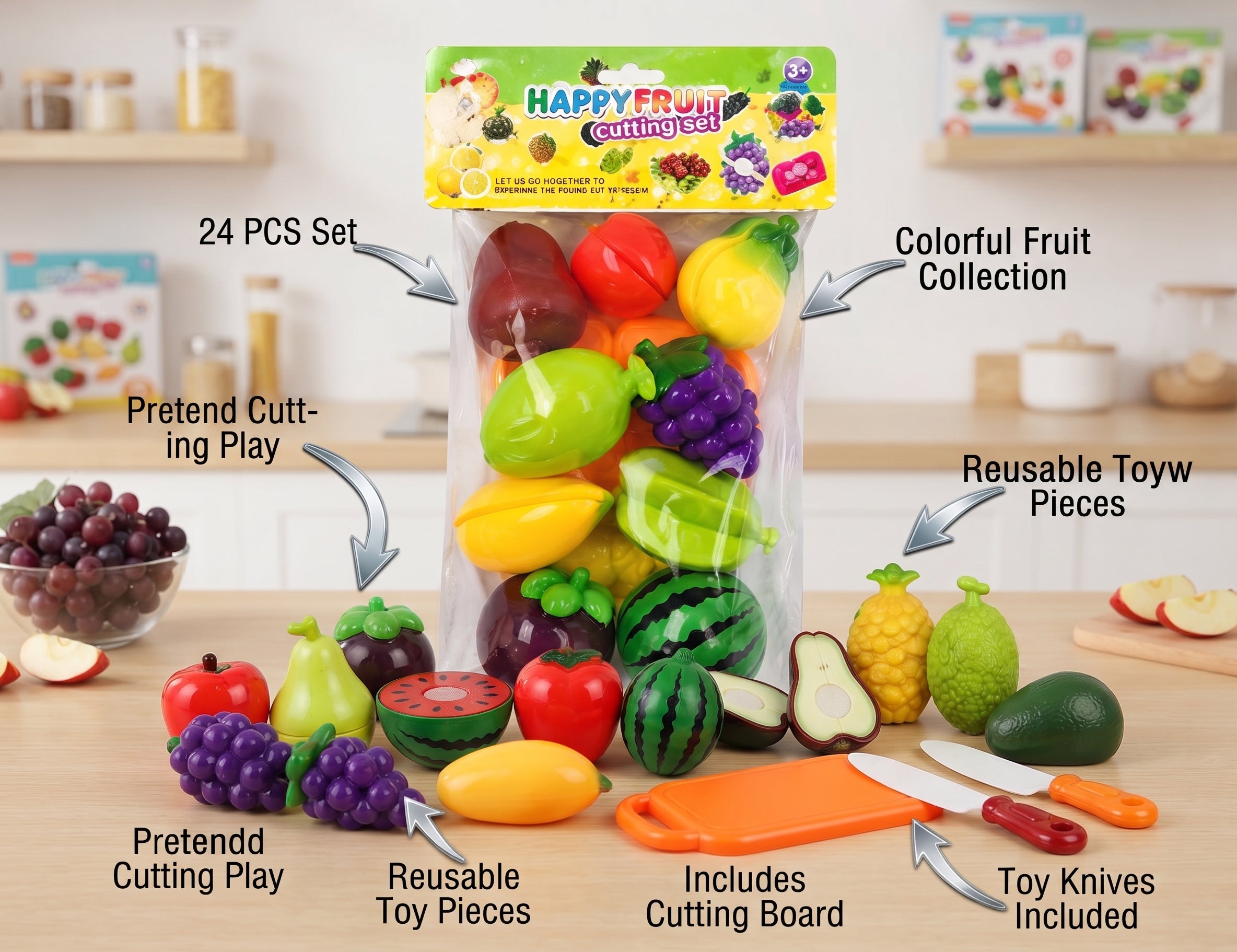 24 PCS Happy Fruit Cutting Set – Pretend Play Kitchen Toy Set for Kids